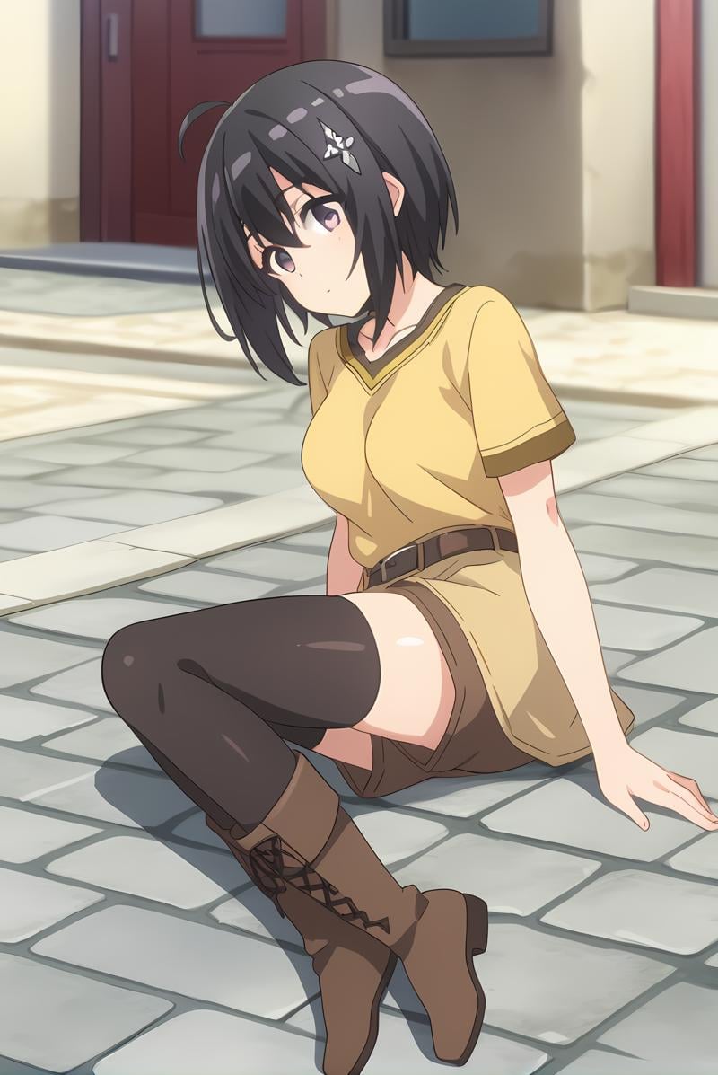 (yellow shirt born skirt brown shorts black thighhighs brown boots belt),  bof-maple,  black hair by Ttan on Tensor.Art