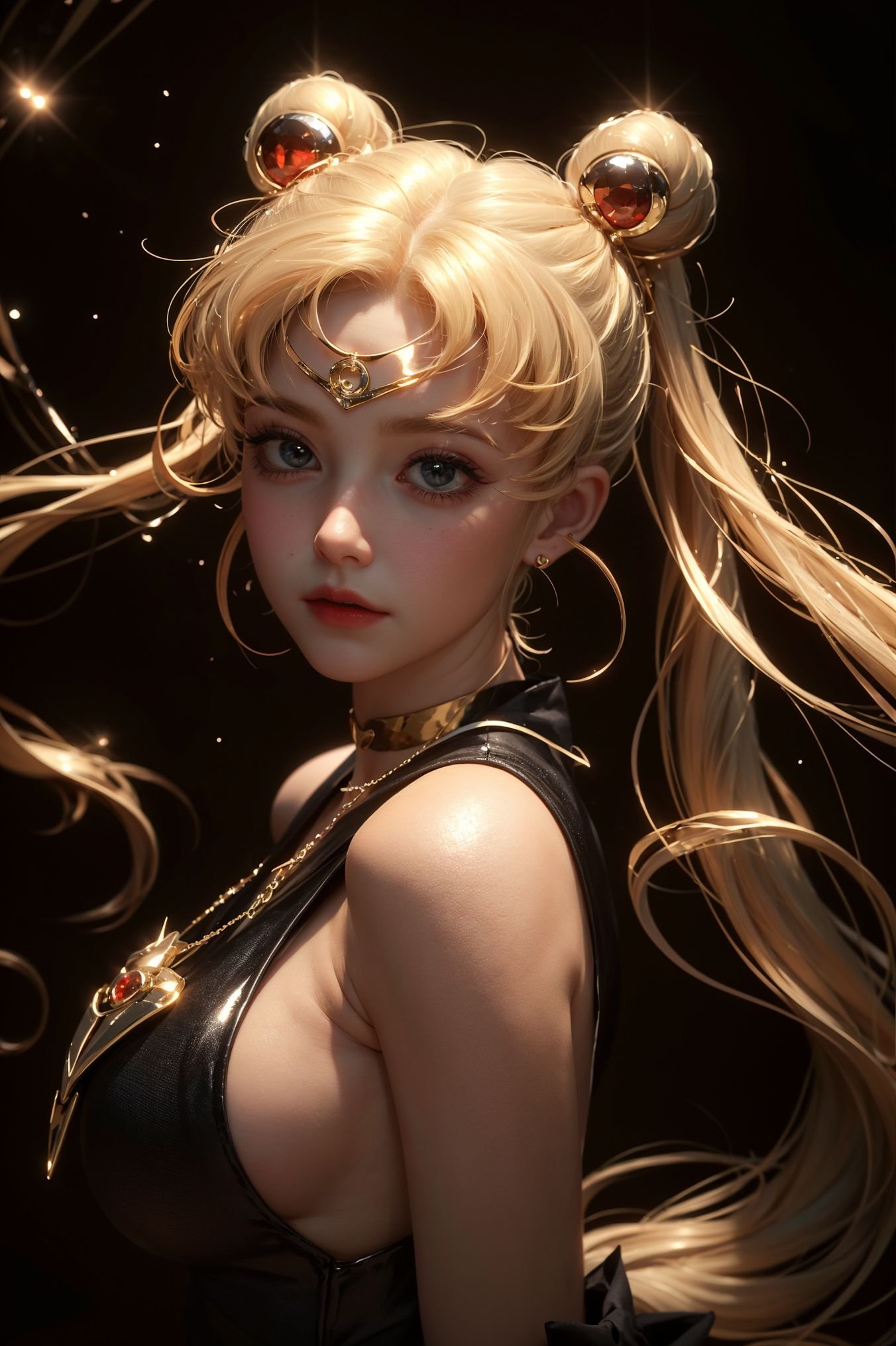 The image depicts a figure with long,  flowing hair that transitions from white to a vivid shade of red at the tips. The h...