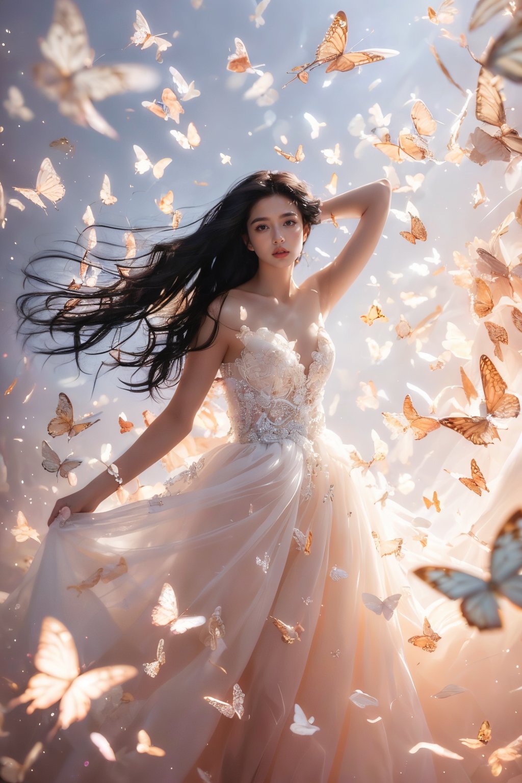 kinghere fensejiaren,1girl,butterfly,solo,dress,long hair,white butterfly,looking up,realistic,parted lips,white dress,lips,bare shoulders,(masterpiece:1,2),best quality,masterpiece,highres,original,extremely detailed wallpaper,perfect lighting,(extremely detailed CG:1.2, ,,,,,,<lora:kinghere fensejiaren_20240302004003:0.8>,,,,