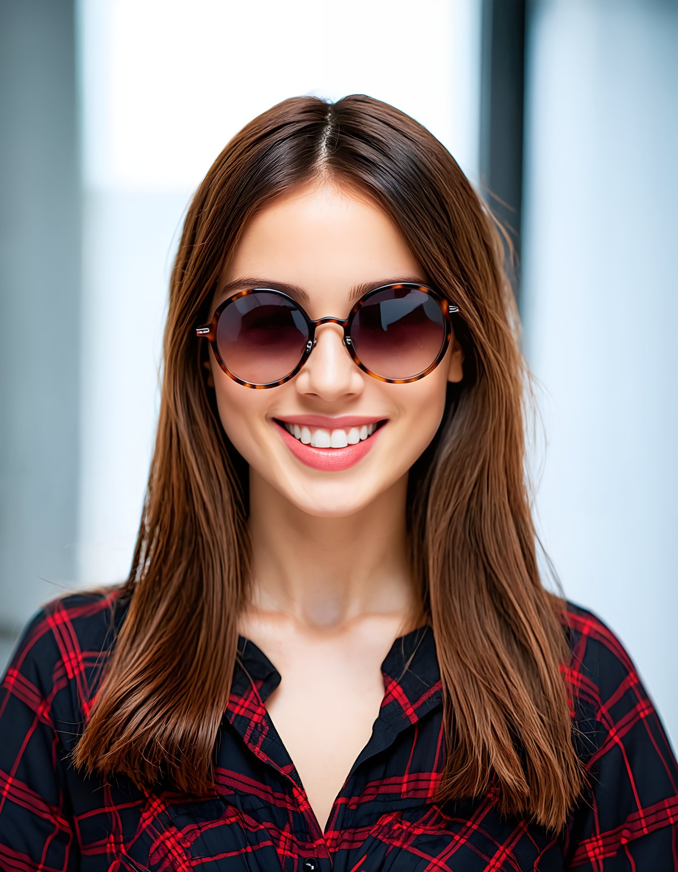 (best quality, 4k, 8k, highres, masterpiece), ultra-detailed, face makeup, cosmetic makeup, woman, long hair, shirt, brown hair, smile, upper body, short sleeves, glasses, mole, blurry, black shirt, lips, blurry background, sunglasses, mole under mouth, round eyewear, realistic, plaid shirt, makeup_slider_v1_sd3m.safetensors