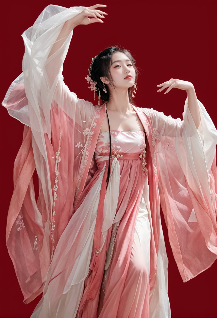 red background,1girl,solo,dancing,,ruanyi0758,hanfu,pink dress,see-through,shawl,wide sleeves,jewelry,<lora:0758 Peach Blossom Hanfu_v1_pony:1>, score_9,score_8_up,score_7_up,,8k,1girl,solo,