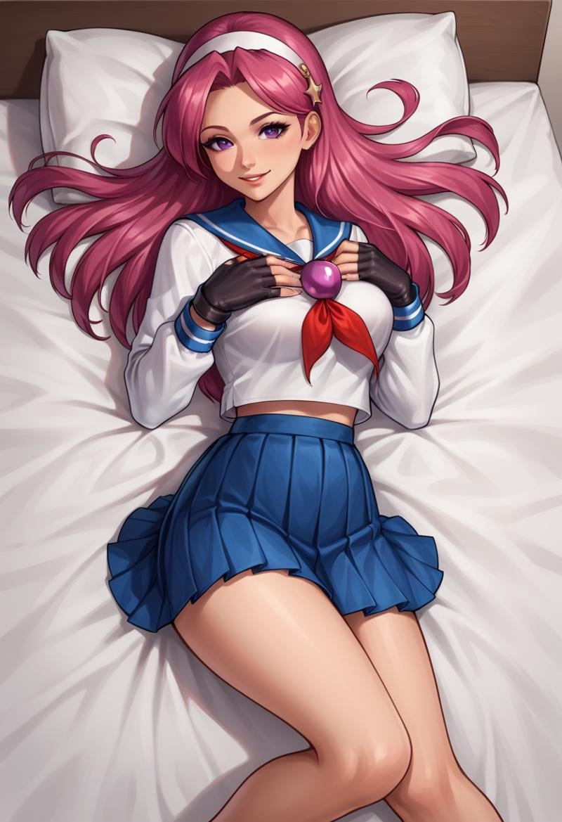 score_9, score_8_up, score_7_up, score_6_up, source_anime BREAK <lora:AthenaKOFXIII:0.8>, AthenaKOFXIII, pink hair, white hairband, serafuku, pearl (gemstone), blue pleated skirt, fingerless gloves, lying, on bed, , from above, hand on own chest, thighs, breasts, 1girl, purple eyes, seductive smile, 