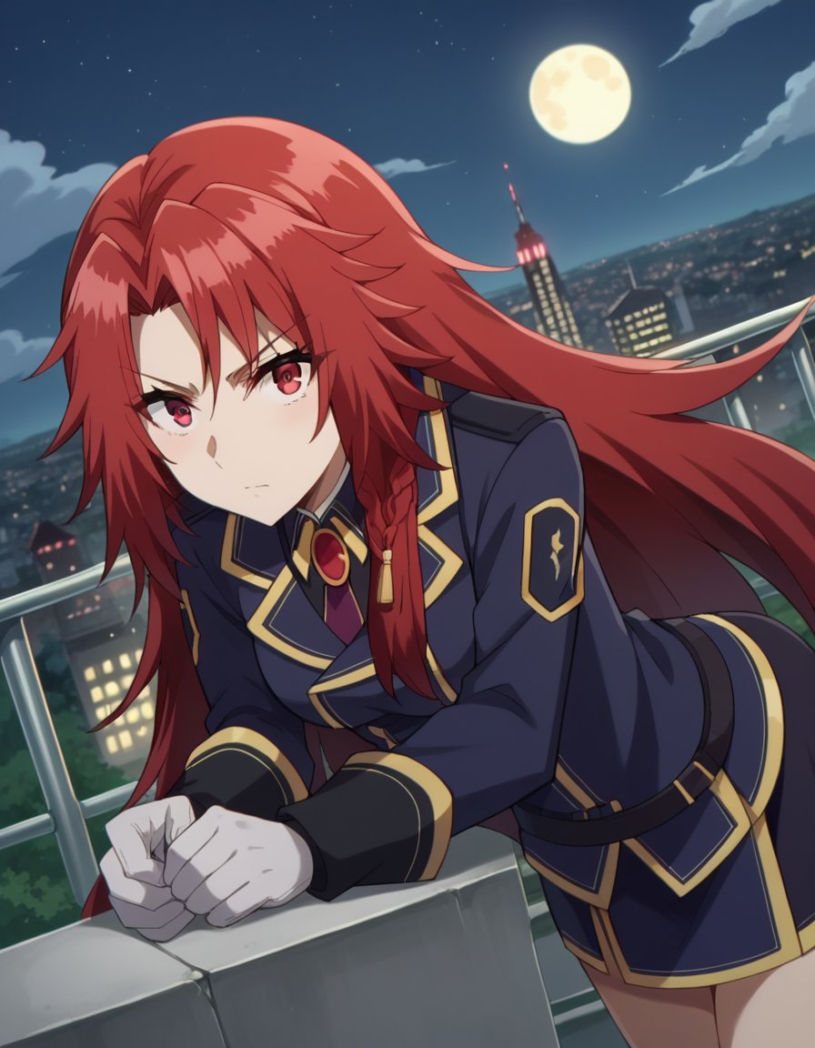 score_9, score_8_up, score_7_up, source_anime,irismidgar, <lora:iris-midgar-ponyxl-lora-nochekaiser:1>,iris midgar, long hair, red eyes, braid, red hair,skirt, gloves, long sleeves, jacket, necktie, white gloves, uniform, military, military uniform,outdoors, cityscape, night, moon, bent over,looking at viewer, dutch angle,