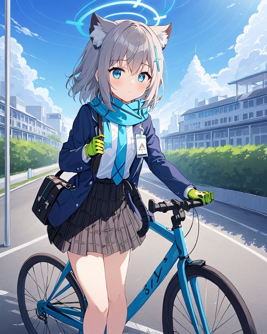 shiroko_\(blue_archive\),1girl, bicycle, solo, green_gloves, outdoors, white_shirt, looking_at_viewer, ground_vehicle, animal_ear_fluff, plaid_skirt, school_uniform, halo, open_jacket, school_bag, blue_jacket, long_sleeves, pleated_skirt, shoulder_bag, blue_necktie, closed_mouth, blue_scarf, mismatched_pupils, cowboy_shot, day, sky, blazer, standing, cross_hair_ornament, blush<lora:shiroko_(blue_archive)_image1930_2023-11-18_spv-000030:1>. gorgeous,key visual, vibrant, studio anime,award-winning, professional, highly detailed,high budget, cinemascope