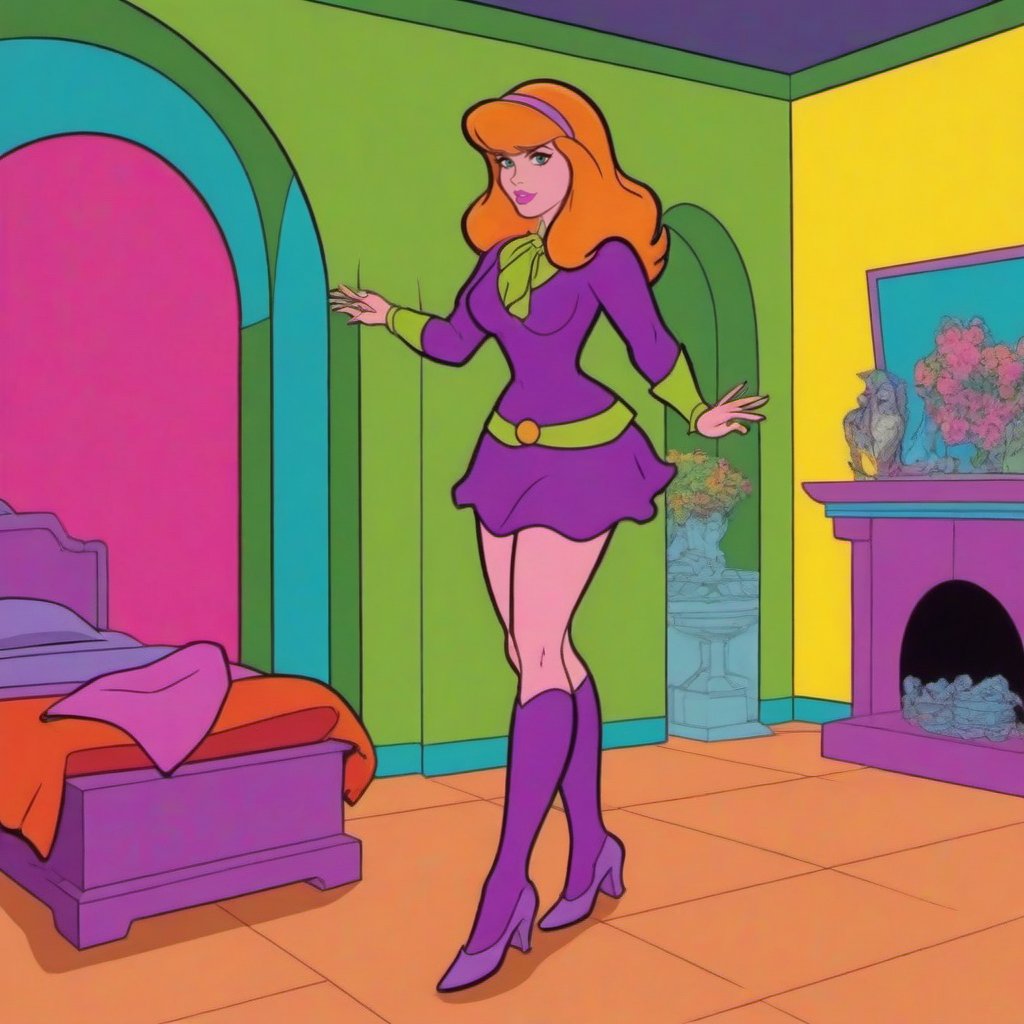 Pop Art style a photo of a full body daphne blake, haunted house  <lora:DaphneBlake1024:0.8> . Bright colors, bold outlines, popular culture themes, ironic or kitsch