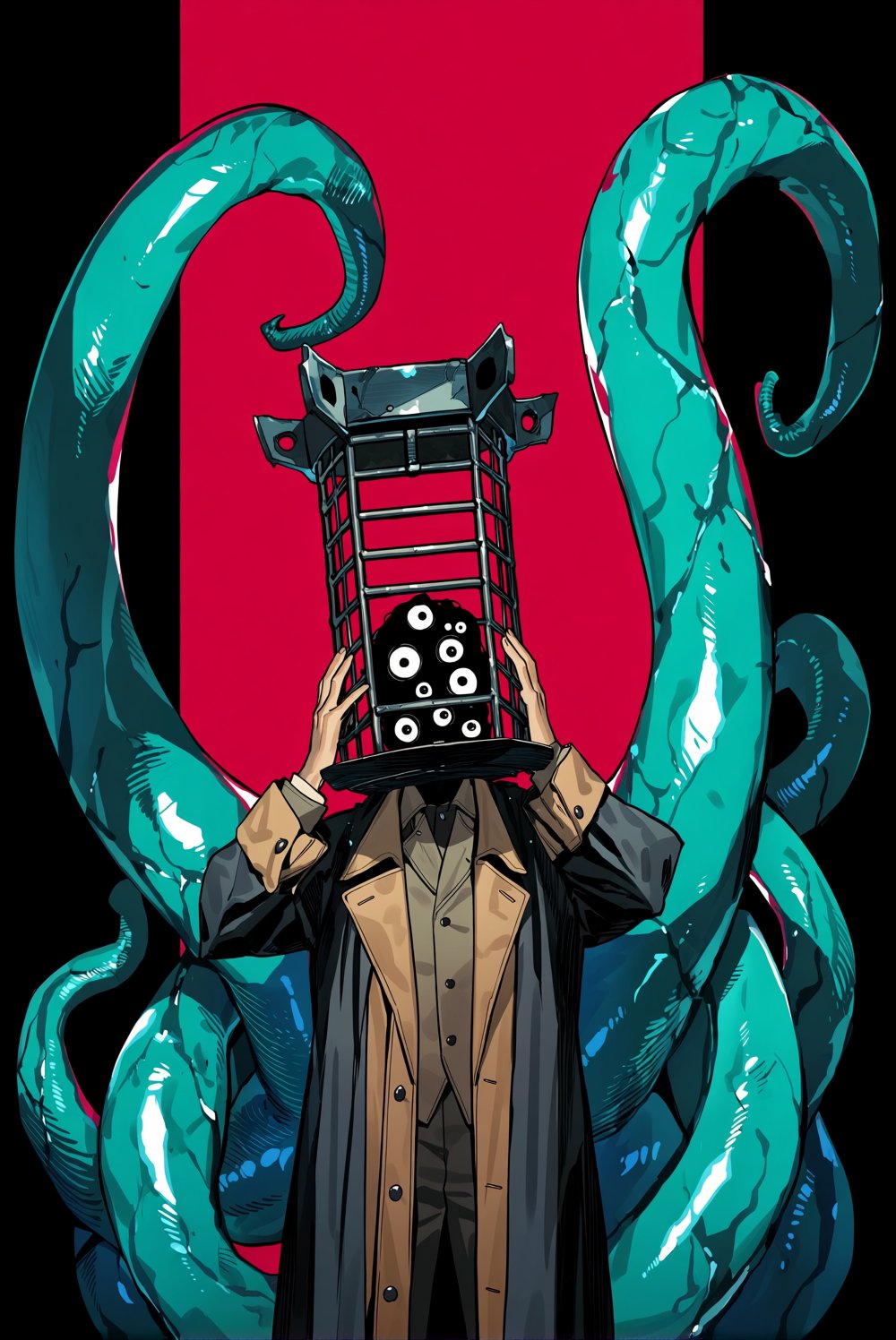 @takamachi_gogogo,  takamachi gogogo. A digital illustration depicts a surreal,  dark figure standing against a vivid by D...