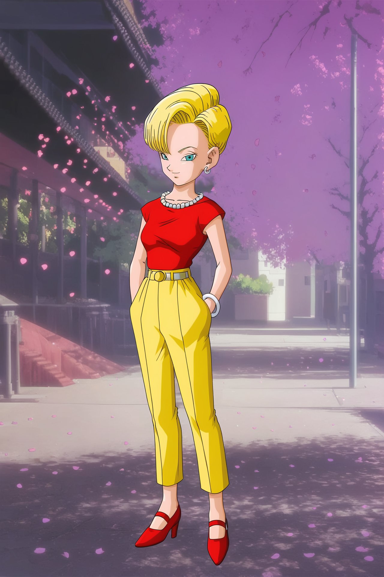 source_anime, score_9, score_8_up, score_7_up, anime screencap, high quality, android 18, dragon ball gt, official style, 1girl, solo, breasts, looking at viewer, smile, very short hair, blonde hair, off shoulder, silver earring, full body, earrings, outdoors, belt, yellow pants, white footwear, high heels, white bracelet, petals, cherry blossoms, red shirt, hands in pockets, bead necklace, pearl necklace, high-waist pants, arms at sides, beads, bangs, looking down at another, grey eyes <lora:c18_pony:0.8>