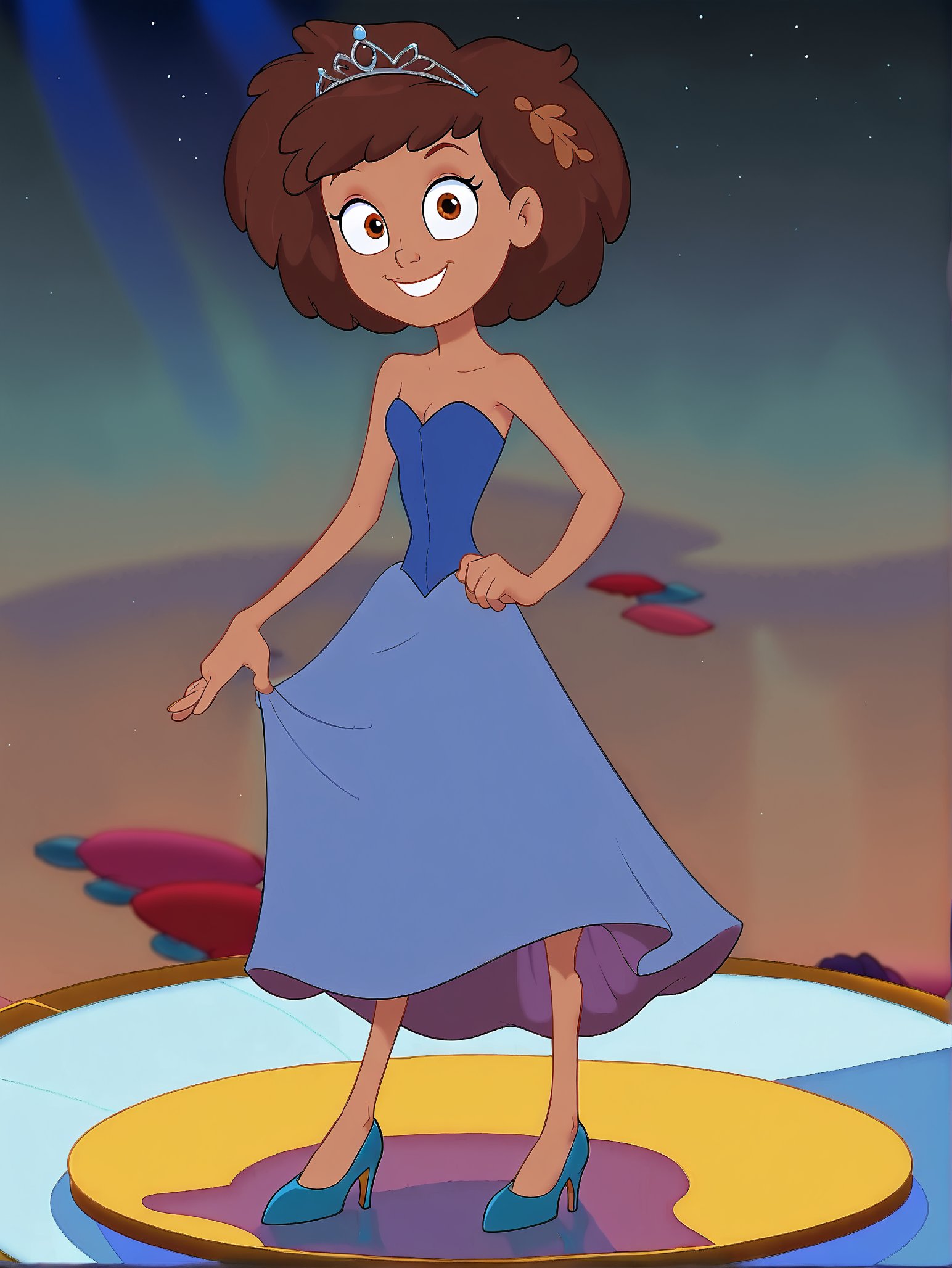 <lora:Amphibas_Anne_Boonchuy:0.7> Anne Boonchuy, 1girl, dynamic angle, twirling, tiara, brown hair, twirling, looking at viewer, smiling, full body, fancy blue dress, ballroom  <lora:WesternCartoonClassicDisney100:0.8>