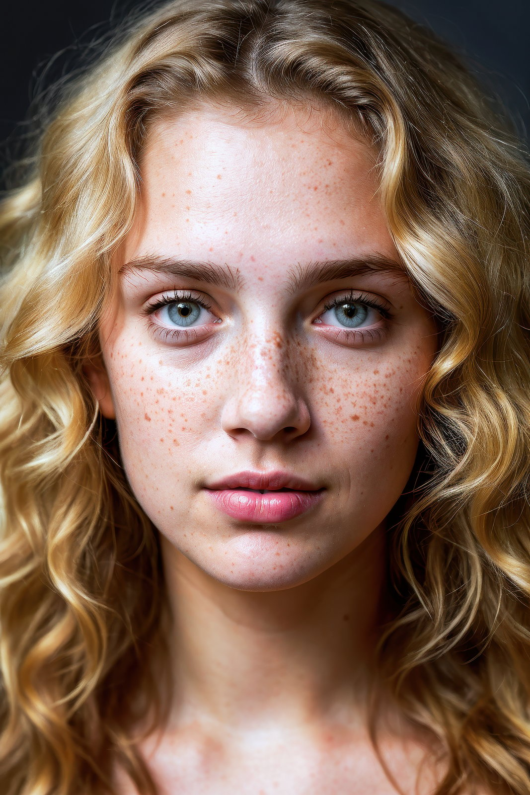 a photo portrait of a beautiful girl with curls and lots of freckles, (dirty blonde hair), (face portrait:1.5), dramatic light, Rembrandt lighting scheme, (hyperrealism:1.2), (8K UHD:1.2), (photorealistic:1.2), shot with Canon EOS 5D Mark IV, detailed face, detailed hair