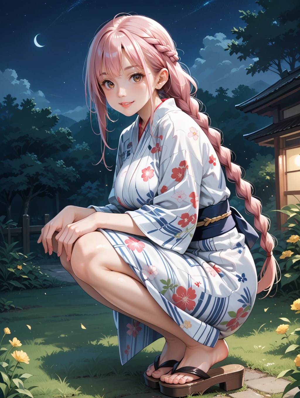 score_9, score_8_up, score_7_up,source_anime,long hair, pink hair, braid, braided ponytail, brown eyes, large breasts, night, grass, squatting, yukata, japanese clothes, floral print, from side, smile, looking at viewer, sandals,