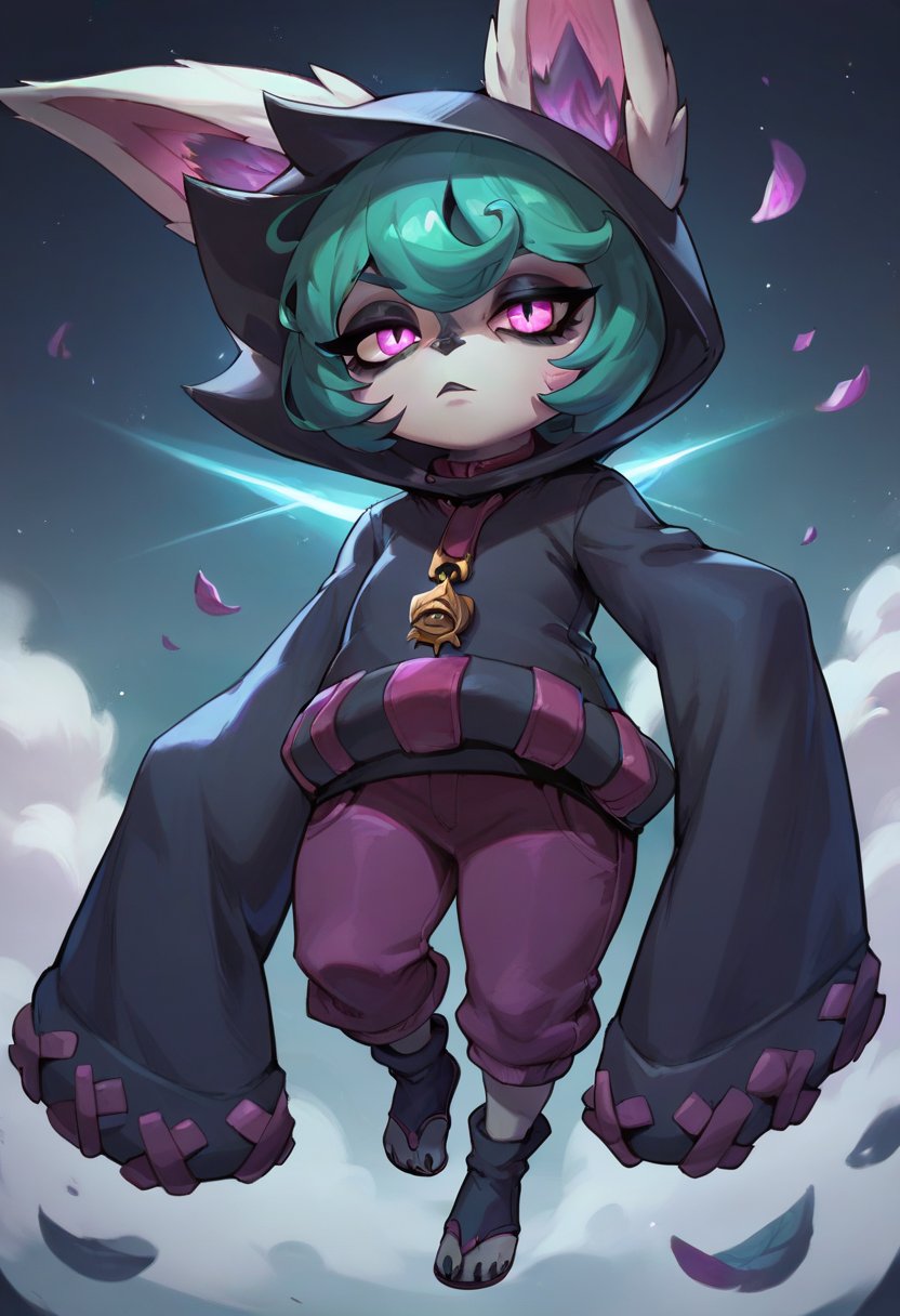 score_9, score_8_up, score_7_up, score_6_up, v3x, 1girl, yordle, pink eyes, green hair, short hair, hoodie, hood, hood up, ears through headwear, long sleeves, pants, toeless footwear, <lora:Vex_Default_v1:0.8>, solo, looking at viewer