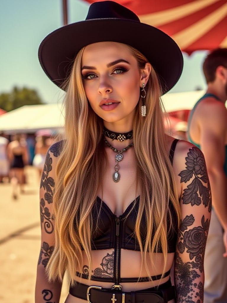 zzw,  cinematic,  full body shot,  ZZ Ward, wearing a lovely glamorous hipster  outfit, in an outdoors music festival backstage,  photorealistic, real photography, 8k, hd,  <lora:zz-ward:1.1>