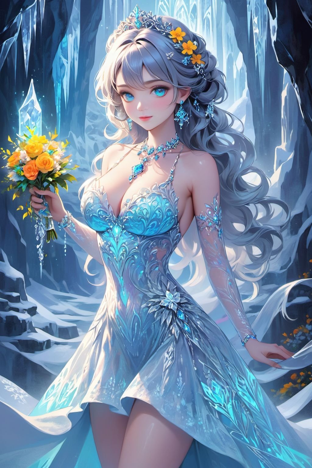 (masterpiece, top quality, best quality, official art, beautiful and aesthetic:1.2), 1girl, 20yo (sexy detailed and beautiful face:1.2), large breasts, wavy hair, updo, bangs, ice hair bow, beautiful eyes, ((ice wedding dress)), (glowing colorful fluorescent dress effect:1.5), evil smiling, ornate jewelry and jewelry, necklace, earrings, bracelet, holding flowers, frozen darkness cave, (upper thighs shot:1.2),