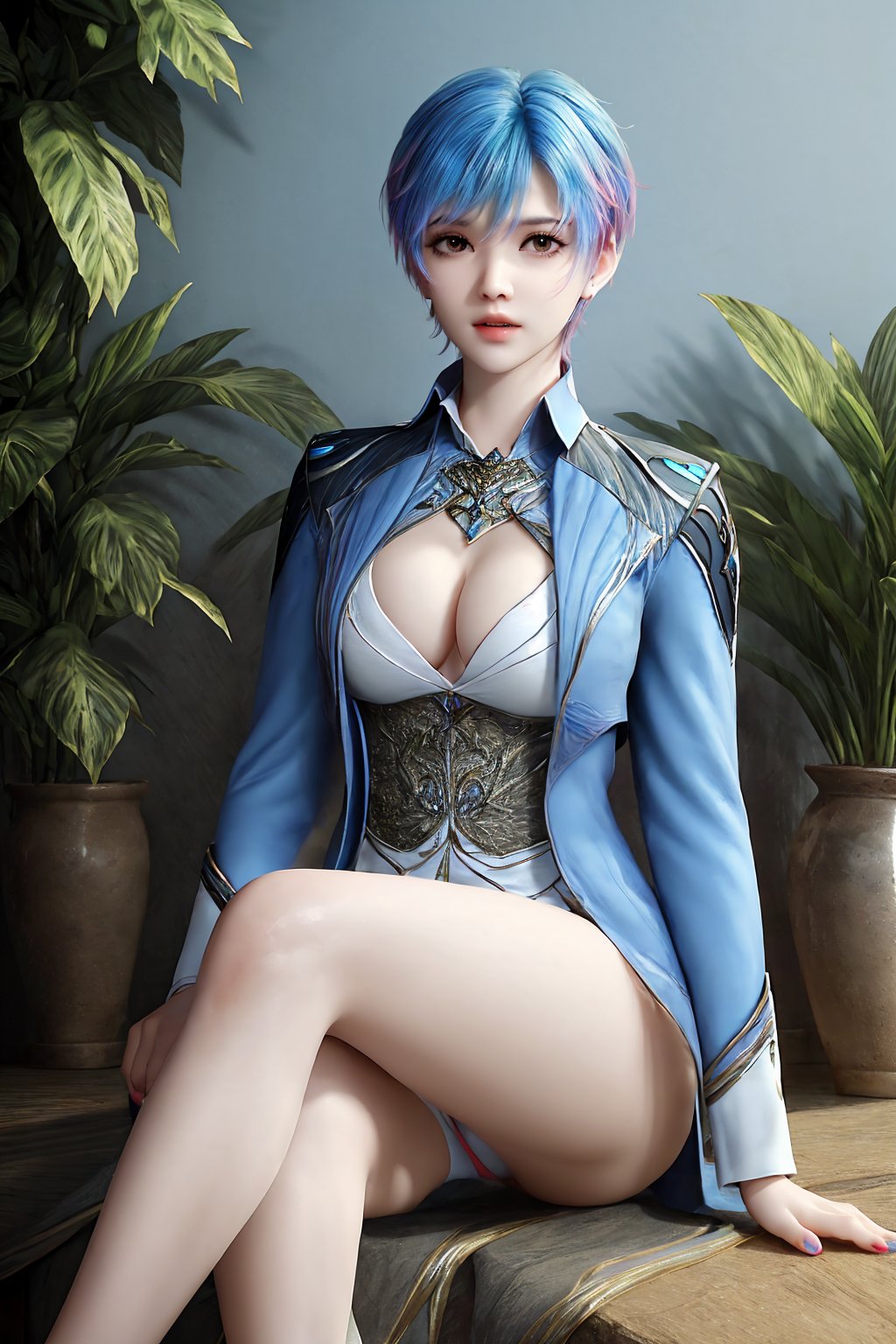 sitting, (lowleg), dress, chinese_clothes, long_sleeves, looking_at_viewer, (8k, RAW photo, best_quality), (highly_detailed), (masterpiece:1.2),(ultra-detailed), (extremely_detailed_cg_8k_wallpaper), (realistic:1.2), (photorealistic:1.3),(scenery,  east_asian_architecture, potted_plant,  plant),1girl, solo, (blue_hair,  multicolored_hair), short_hair, hair_ornament,  bangs,  jewelry, earrings, cleavage, white_legwear,fingernails, nail_polish, photo_\(medium\),(crystal_texture_skin:1.3), (shiny_skin:1.4),(an_extremely_delicate_and_beautiful),<lora:syqiangk_加强_王冬_第二套_C9_5.2:0.8>,