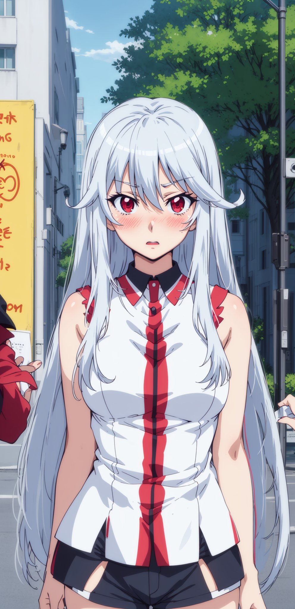 (anime:1.2),  (best quality:1.1),  (masterpiece:1.1),  (absurdres:1.0),  portrait,  1girl,  silver hair,  red eyes,  bangs,  medium breasts,  street,  blush,  endearing,  elegant shirt,  elegant shorts,  sleeveless,  20-year-old,  blush. , Aine Chidorigafuchi.,<lora:EMS-63917-EMS:0.600000>