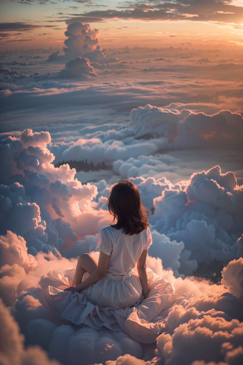 best quality,masterpiece,realistic,1girl, above clouds, solo, skirt, shirt, black hair, dress, sitting, short sleeves, outdoors, sky, cloud, medium hair, from behind, white skirt, cloudy sky, scenery, sunset, facing away