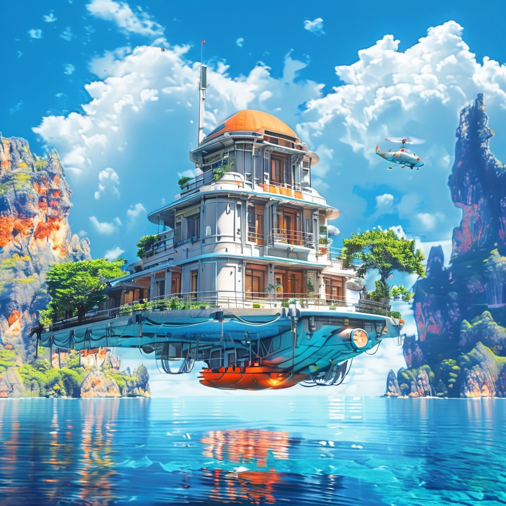 The image showcases a breathtaking scene of a floating mansion situated amidst a serene body of water. The mansion is a multi-storied structure with a blend of traditional and futuristic architectural elements. It features a prominent dome, multiple balconies, and a helipad on its roof. The mansion is suspended above the water by a series of pillars and cables. The surrounding environment is a mix of rocky cliffs, lush greenery, and clear blue skies with fluffy white clouds. A helicopter is seen flying near the mansion, and there's a submarine-like vehicle beneath the mansion. The entire scene exudes a sense of tranquility and luxury.<lora:Dream Home-000008:1>