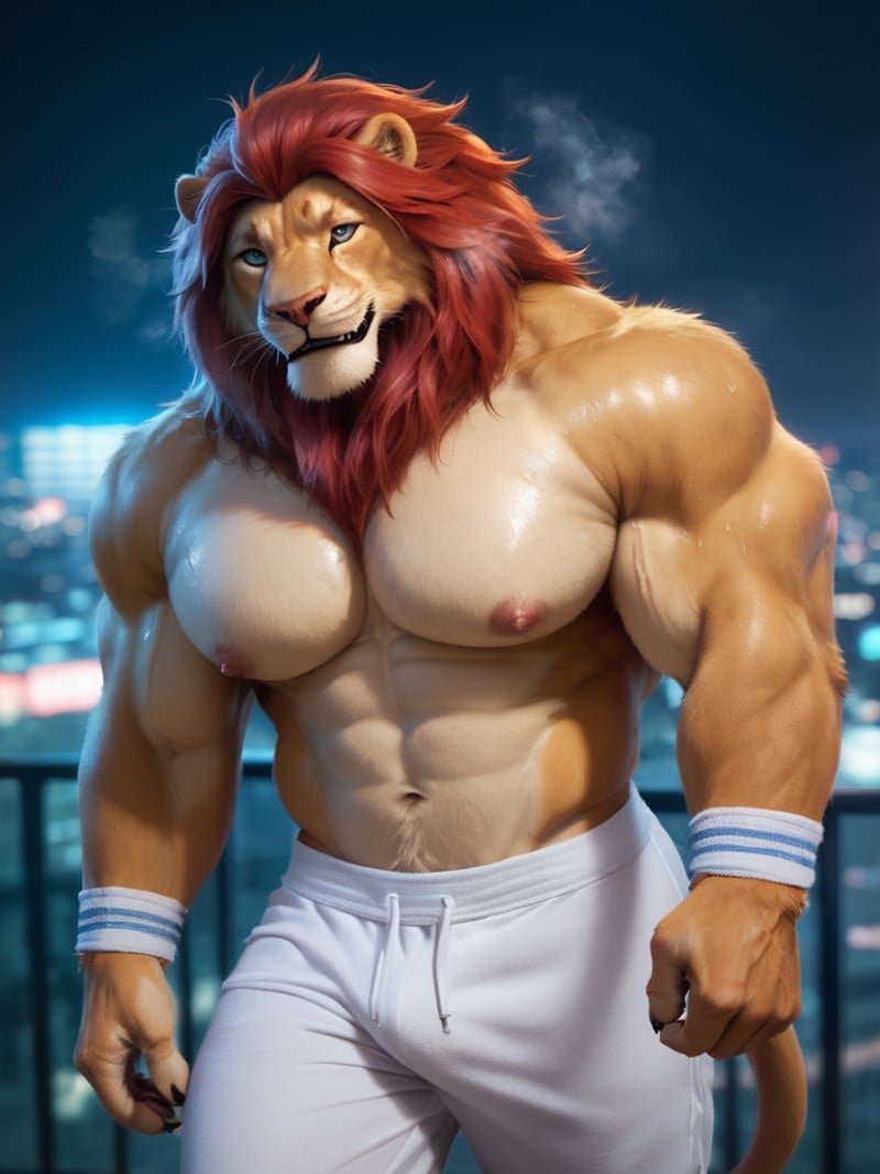 score_9, score_8_up, score_7_up, photorealistic, high quality, raw photo, Huge gigantic muscle, big pecs, male, furry lion, red hair, blue eye, white sweatpants, night city, sweating, steaming, smile, sweatband, detailed face, 