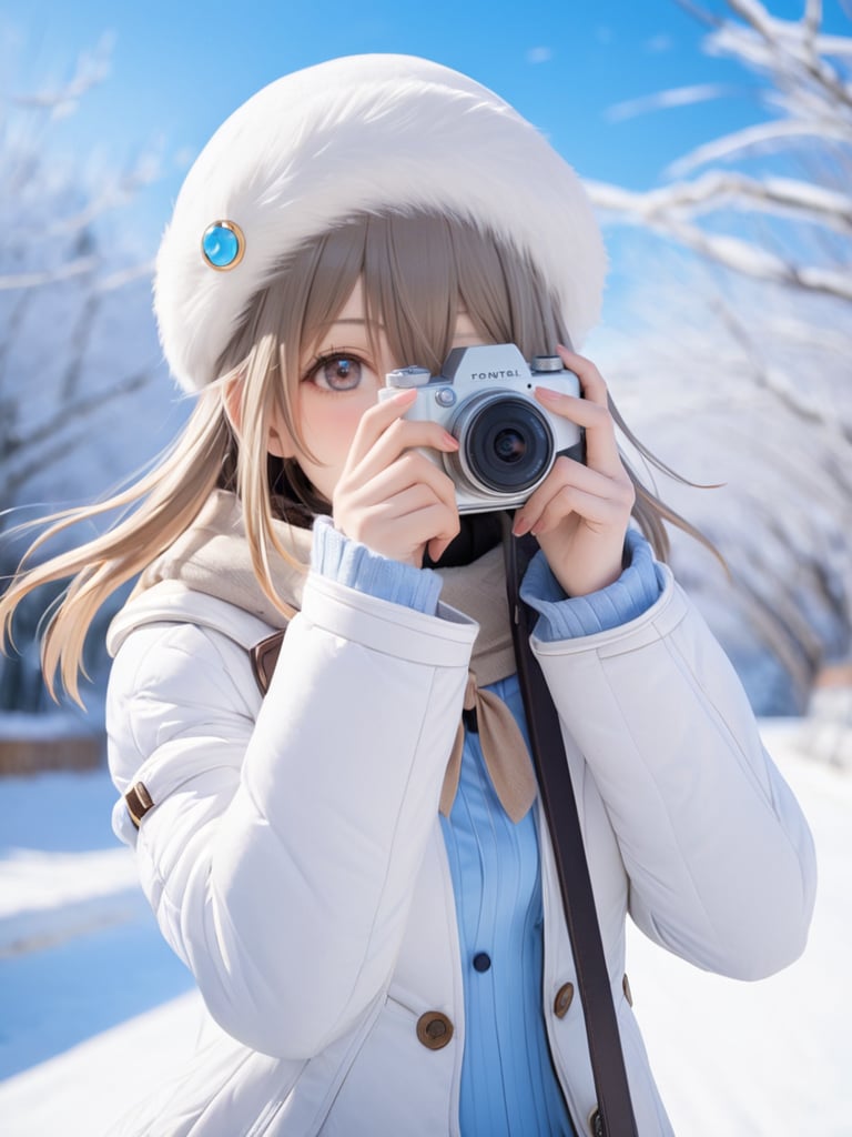 1girl, march7 honkai star rail, holding camera, one eye closed, pointing at viewer, outsside, winter, BREAK blurry background, , masterpiece, best quality