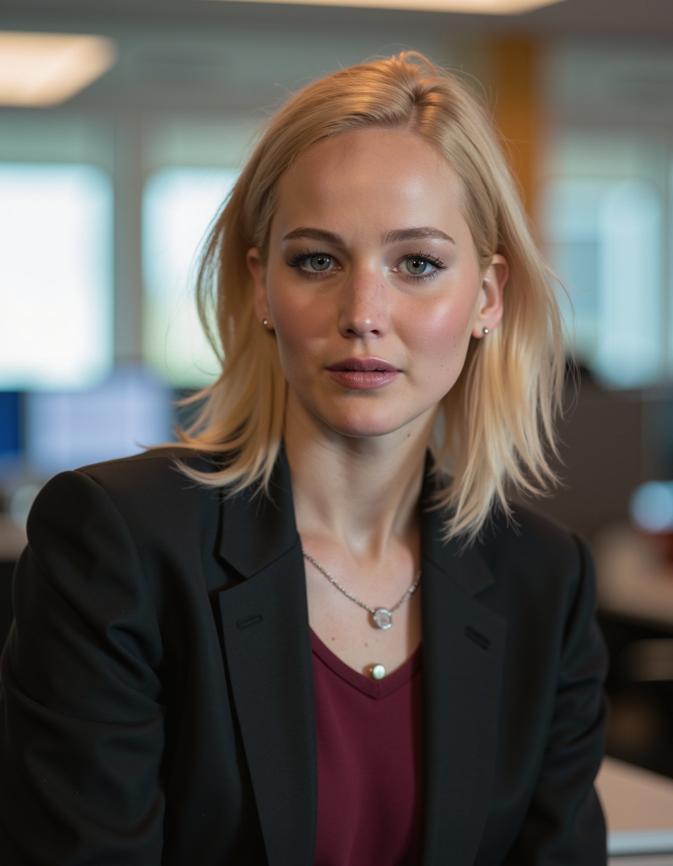 Mid-shot portrait of a beautiful jennifer_lawrence in his 30s in an hi tech office with blazer and a shirt under by Lol on...