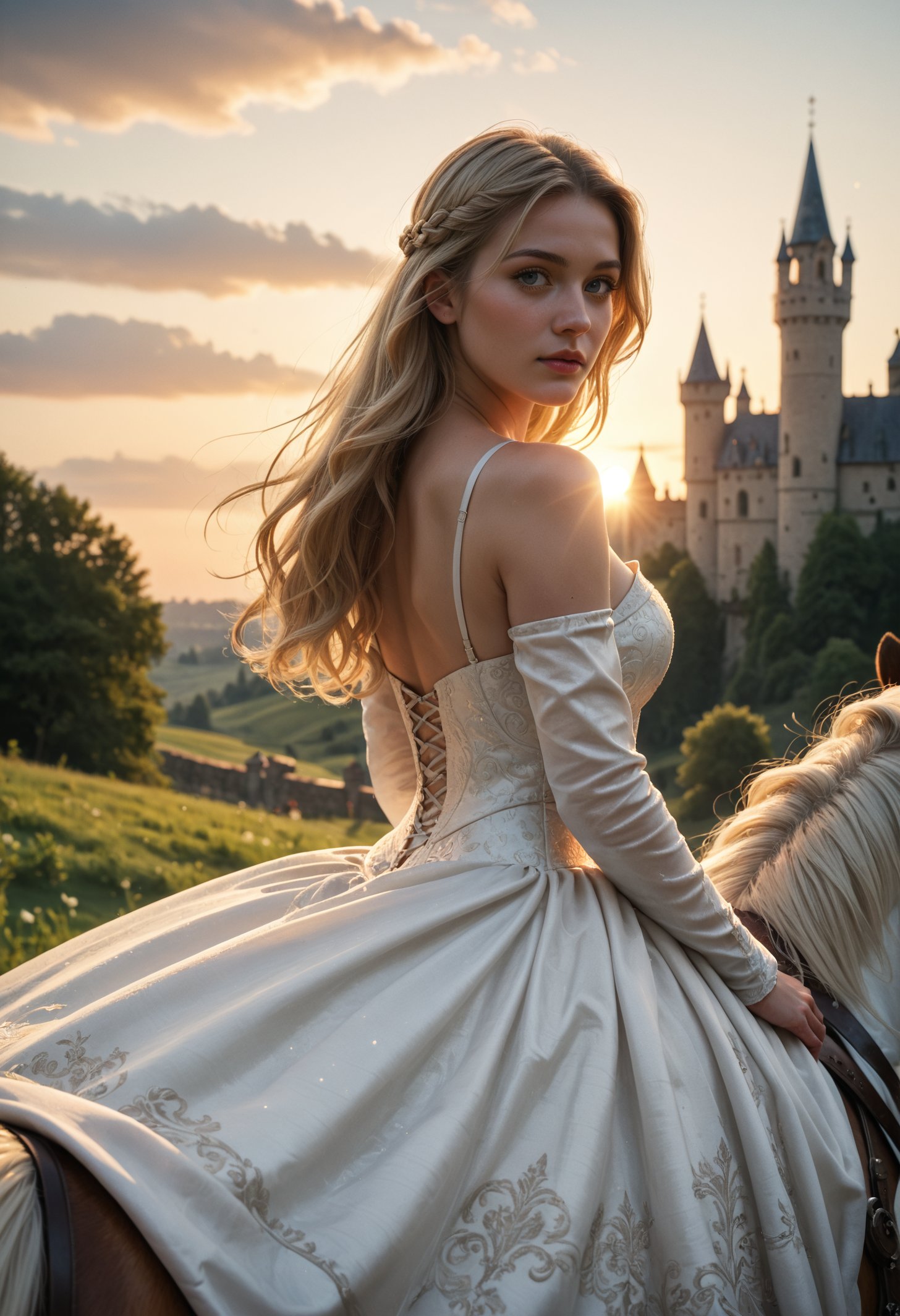 score_9, score_8_up, score_7_up, score_6_up, rating_questionable, gorgeous english woman named godiva, riding a magnificent white horse, white silk dress, bare shoulders, long blonde hair, outside, medieval castle in the background, cinematic lighting, dusk,god rays,medieval,sunset, detailed realistic photo