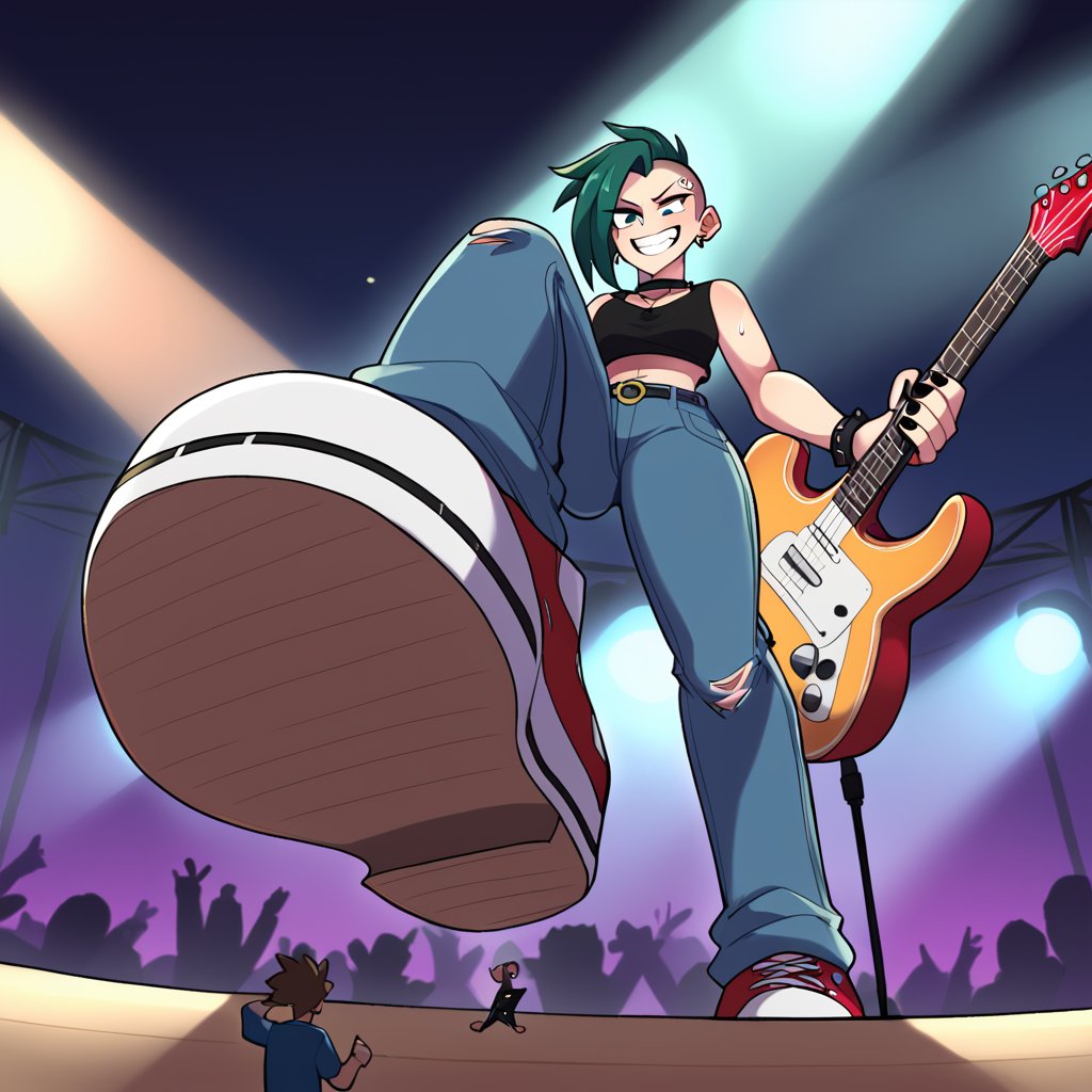 score_9, score_8_up, score_7_up,imminent_stomp,  <lora:imminentStomp50:1> from below source_anime BREAK small man imminent stomp by giantess punk BREAK rock concert, stage, crowd, guitar, bass, microphone, drums, stage_lights, sweat, undercut, black tanktop, ripped jeans, converse, nose ring, black nails, grin