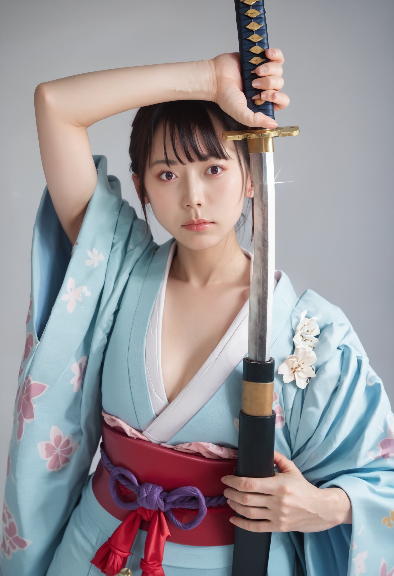 score_9, score_8_up, score_7_up, 1girl, arm up unsheathing sword, kimono, japanese clothes, realistic<lora:unsheathing_pose_vertical_3_final:1>