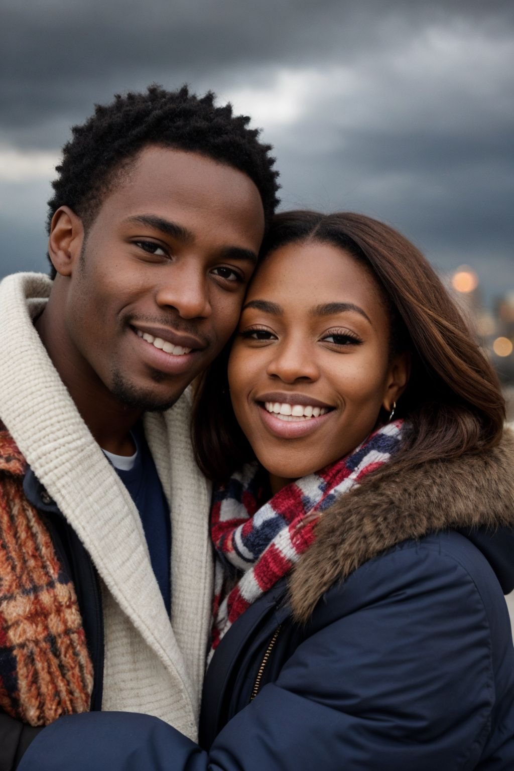 close up, couple portrait photo, american man, african woman, happy, cloudy city background, cold weather lighting