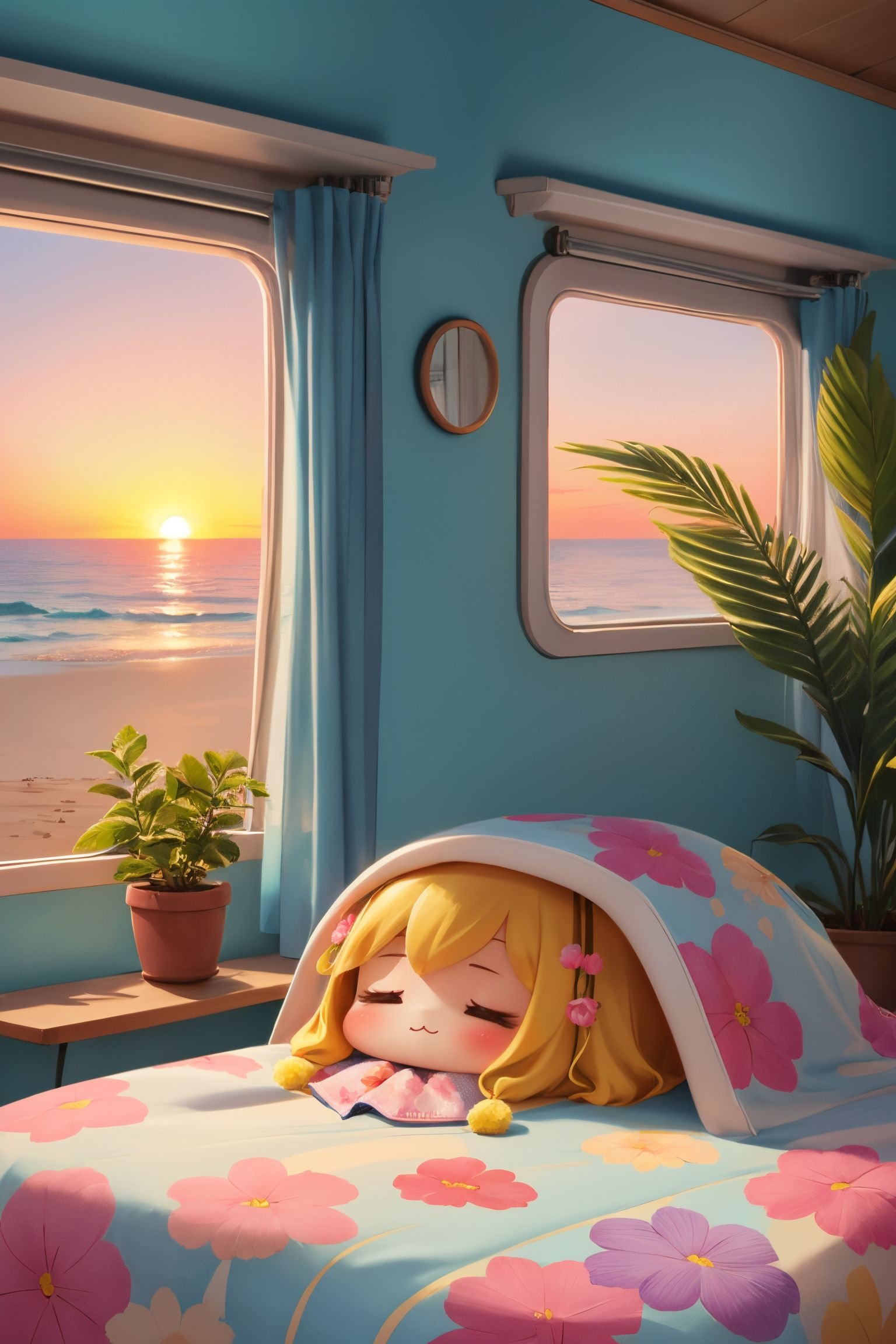 inside a cozy campervan,  comfy bed and warm blanket,  plants by Ttan on Tensor.Art