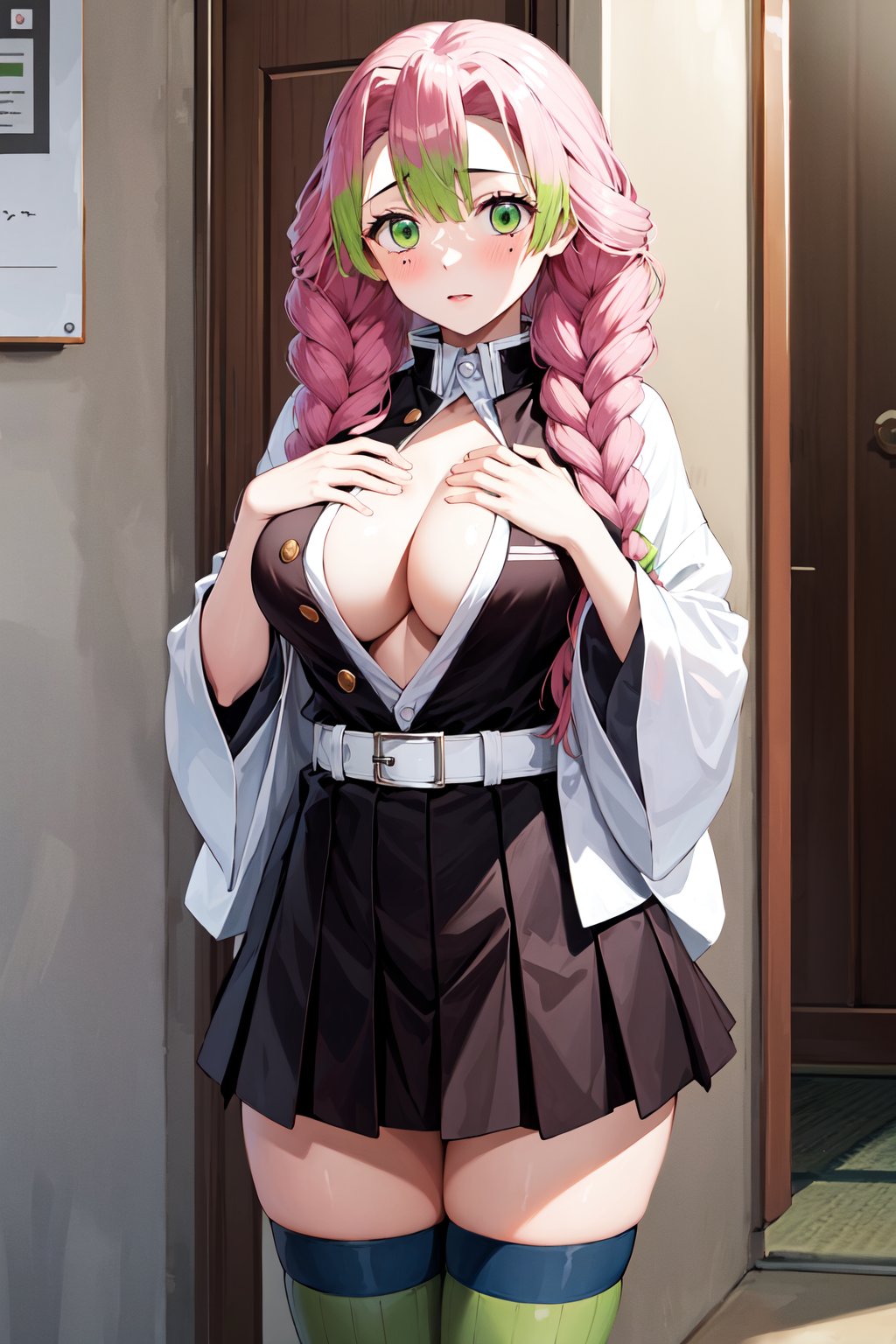 masterpiece, best quality, highres, aamitsuri, long hair, braid, multicolored hair, green eyes, mole under eye, large breasts, japanese clothes, cleavage, white jacket, haori, black shirt, open clothes, belt, pleated skirt, (black skirt:1.2), green thighhighs, ribbed legwear, <lora:kanroji_mitsuri_v1:0.7>, (hand on own chest:1.2), standing, cowboy shot,