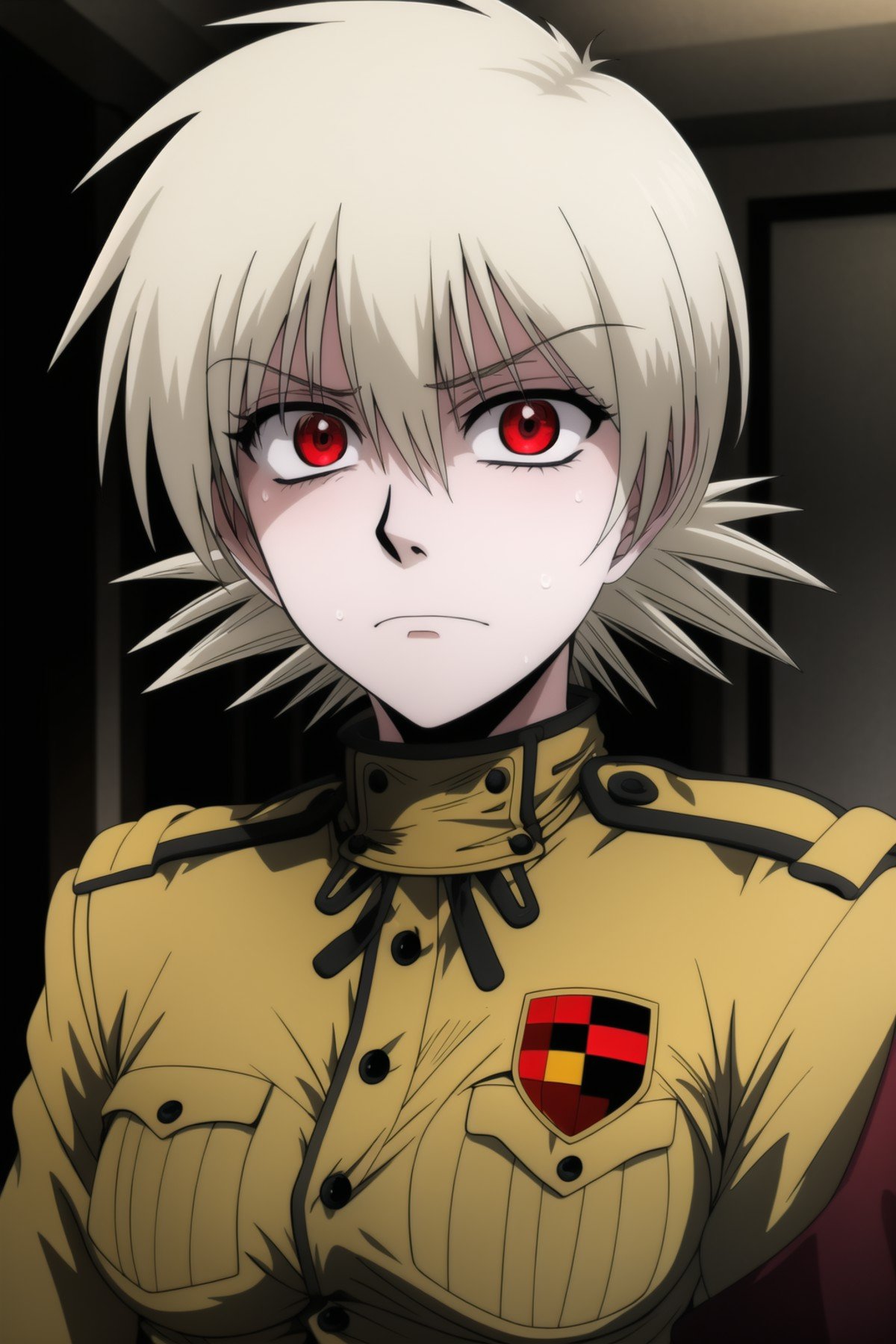 <lora:seras-06:1> SerasOva, 1girl, upper body, indoors, military jacket, frown, evil eyes, sweat, red eyes, 