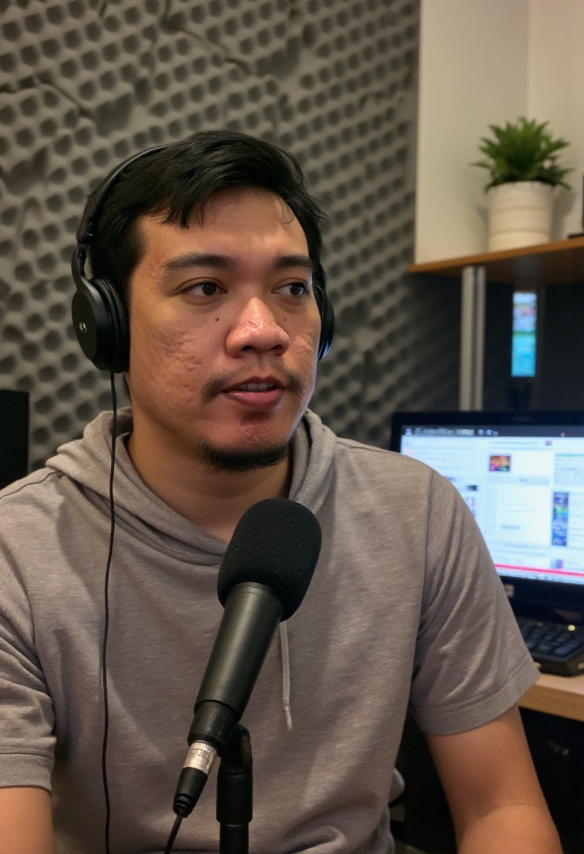 Realistic portrait of a man in his late twenties,  South Asian features,  seated in a modern podcast studio. He’s wearing...