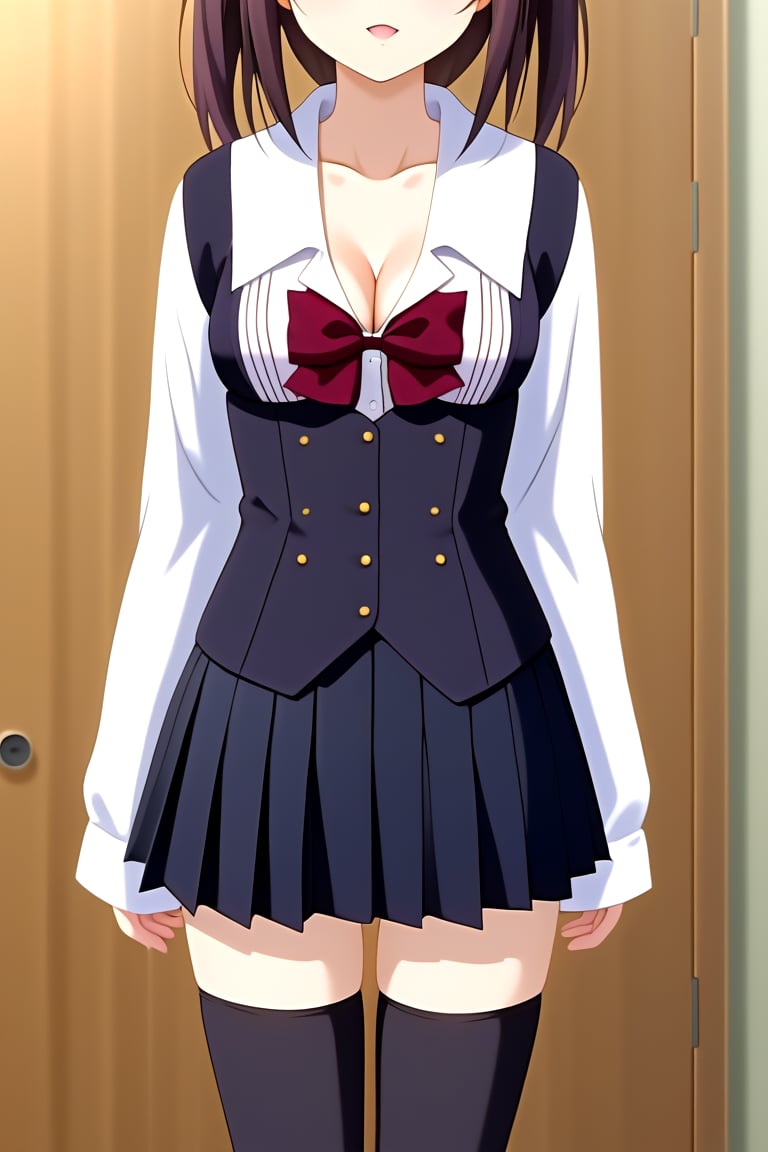 Highly detailed, High Quality, masterpiece, beautiful, 1girl, solo, school uniform, ((shirt, shirt sleeves:1.3)), cleavage, long sleeves, white sleeves, arms at sides, black vest, vest, pleated skirt, ((black skirt:1.2)), ((waist-length skirt)), thighhighs, black thighhighs, zettai ryouiki, shoes<lora:EMS-419248-EMS:1.000000>