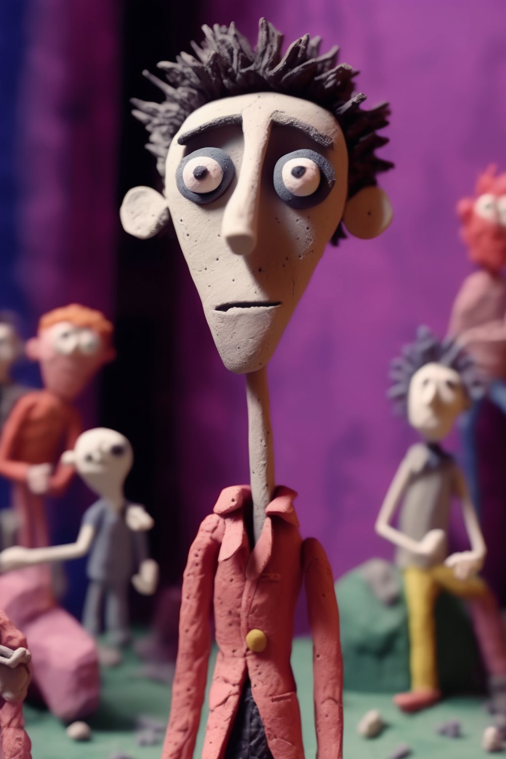 <lora:Clay Animation:1>Clay Animation - a half shot of a CLAYMATION 25 year old man from a rock band in the style of Tim Burton in CLAYMATION