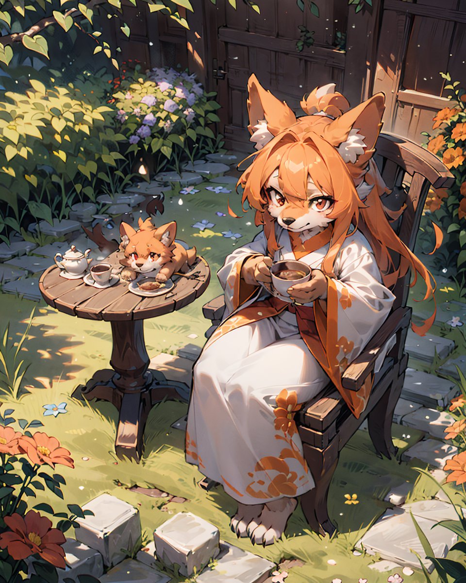 best hands,best quality,(masterpiece,ultra detailed 8k art,illustration),tea time,Fluffy,Anime style, (anthro, 1 girl,furry girl,drooping ears dog),out door, chinese clothes,orange long hair, (orange drooping ears),(drooping ears:1.2), orange tail, red eyes,flower garden,table BREAKchair, sitting, looking up at the sky, smile,(full body)