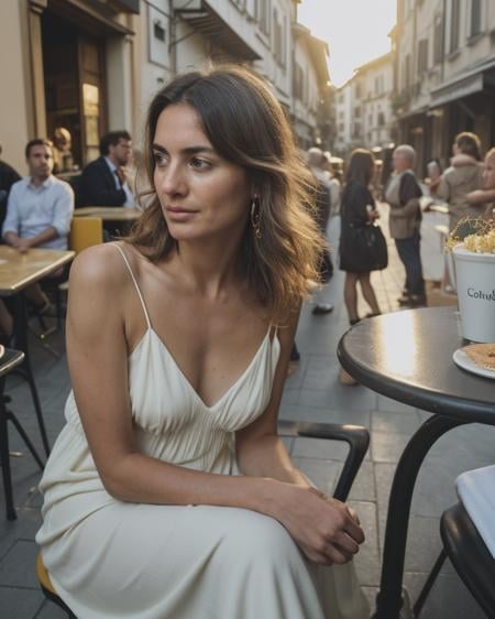 (Raw, Analog, creative colour Live-in shot), (photographed by Christopher Nolan) (Flawless high budget movie style), ((Close-up of an Italian woman wearing a white sun-dress, sitting outside of a cafe watching people walking by)), A strong focus on her eyes. ((golden hour, light bokeh, wide-angle shot)). A little italian city filled with dreams and hope for a better tommorow, ((film grain, hyper detailed skin-real hair movement-skin pores, 8k, shot on Fujifilm GFX 50r)) cinematic, National geographic, 4d-indepth, 4d-depth of field, 4d-infocus, narrow depth of field, selective focus