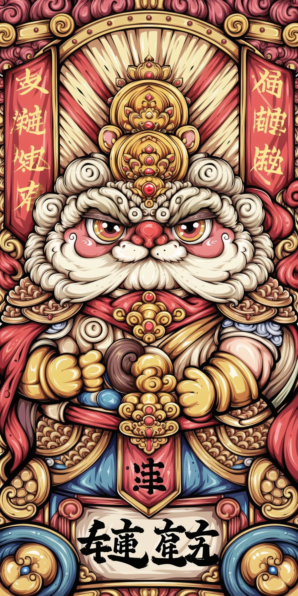 masterpiece,best quality,ultra-fine painting,detailed background,newgc, food, :3, armor, red background, fruit, no humans, banner, yellow eyes, solo, weapon, ice cream, monkey, cape, beard, crown, facial hair