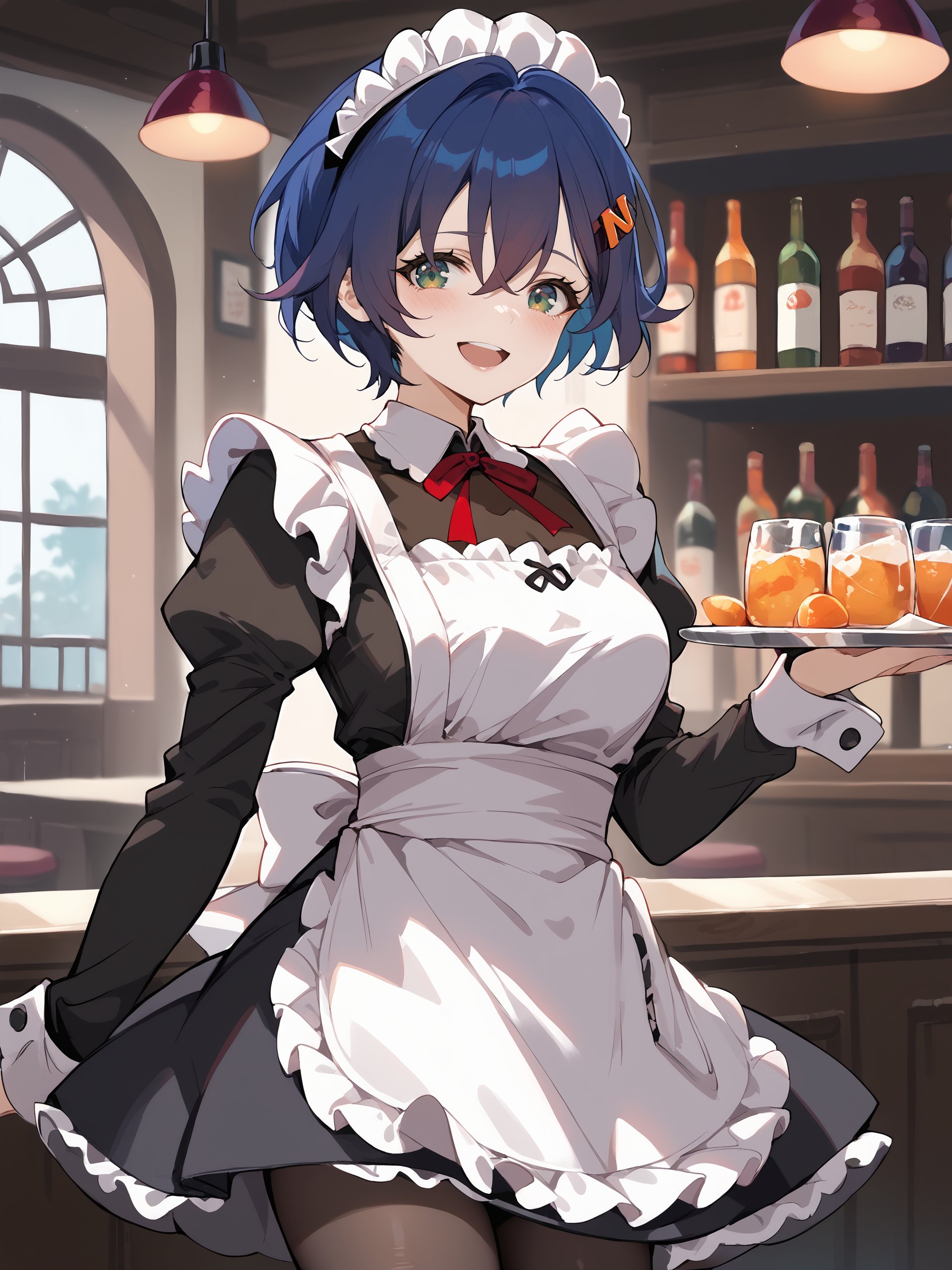 score_9, score_8_up, score_7_up, source_anime, 1girl, belle \(zenless zone zero\), hairclip, solo, maid, maid headdress, maid apron, smile, embarrassed, pantyhose, open mouth, blush, smile, holding plate, looking at viewer, cowboy shot, bar \(place\), indoors, depth of field <lora:Char-ZZZ-Belle-Pony-V1:0.9>