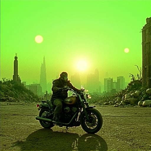 8. In the style of ohwx, A post-apocalyptic wasteland stretches out before a lone figure on a motorcycle. The rider wears a gas mask and tattered leather clothing. In the distance, the ruins of a once-great city can be seen, overgrown with mutated plants. The sky is a sickly green color, with two suns setting on the horizon.