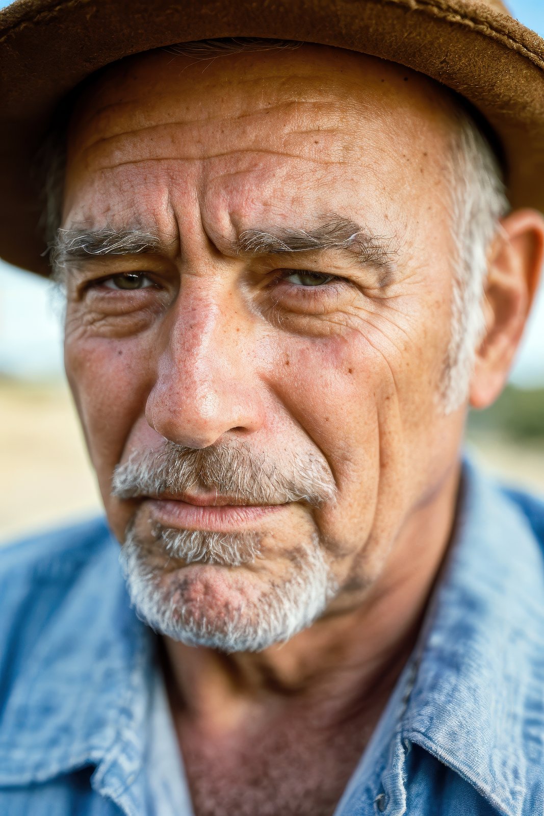 closeup portrait emotional photo of old man in rugged bluesman clothes, face, 8k uhd, high quality, film grain, looking at viewer, portrait, (skin pores:1.2), (moles:0.8), (imperfect skin:1.1)