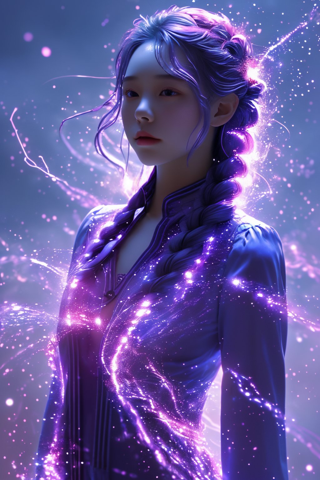 <lora:NHHC-1.5:0.8>,nhhc01,1girl,solo,upper body,braid,dress,purple hair,magic,long sleeves,light particles,chest,