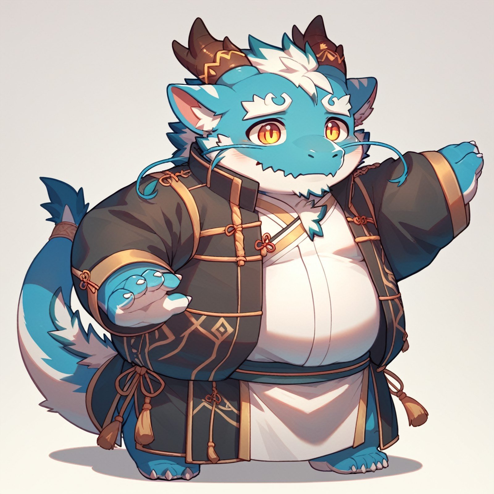 score_9,score_8 up,score_7 up,score_6 up,score_furry,hi res,qinglong,chibi,cute,anthro,dragon,flesh whiskers,japanese clothing topwear,male,solo,horn,full body,overweight,blue body,bottomwear,overweight male,fur,clothed,kemono,blue fur,white body,<lora:Meng_zhang_XL_Pony-000010:0.8>,