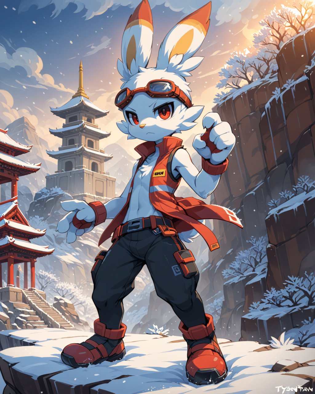 solo chibi king kazma scorbunny, white body, red eyes, serious face, action pose, safety goggles, red vest, black pants, belt, skinny, BREAK, by Tysontan, by Winte, detailed background, detailed foreground, depth of field, ambient silhouette, backlighting, blizzard, snowing, winter day, cliff, plant, foggy, temple