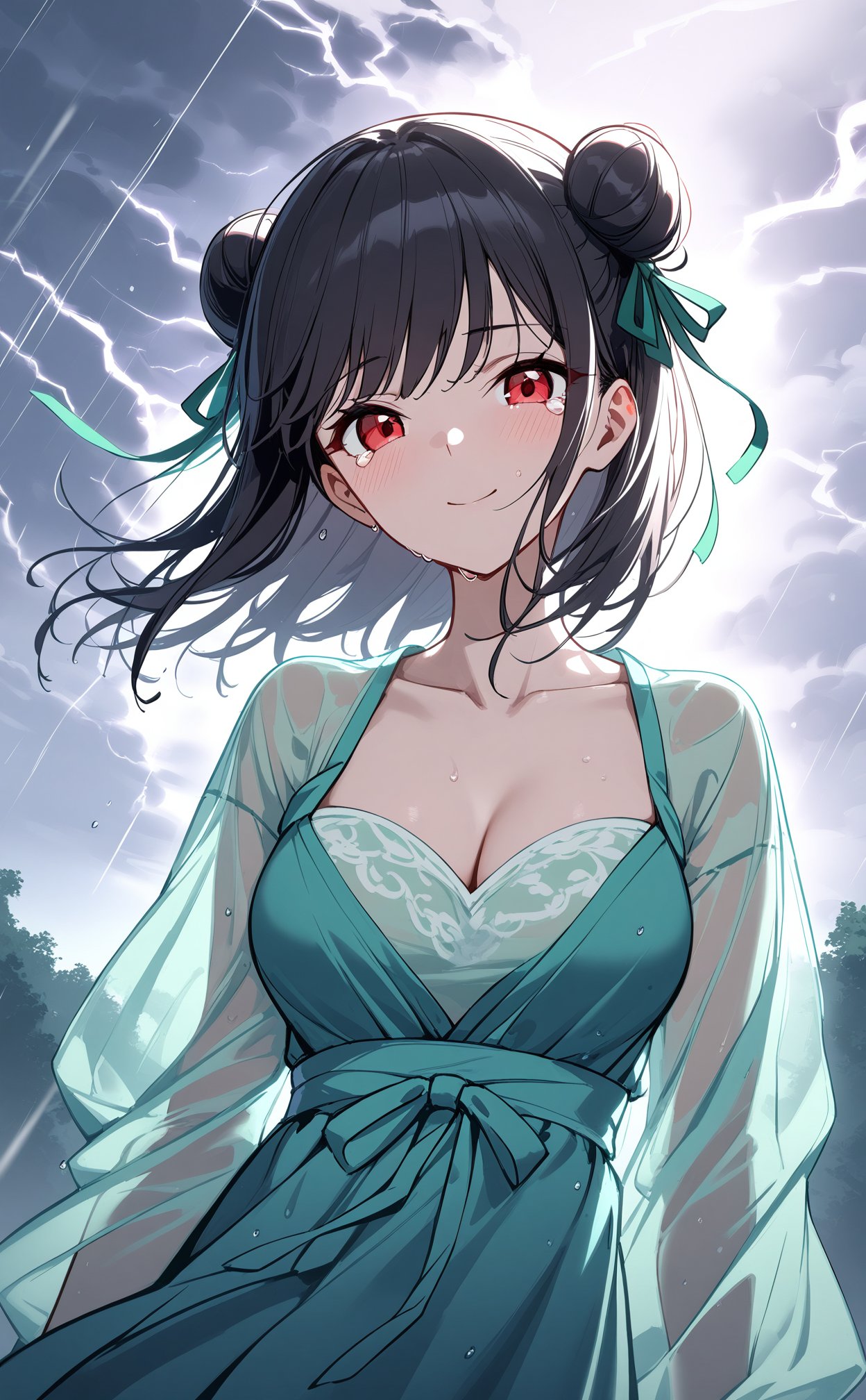 1girl,solo,looking at viewer,medium hair,black hair,red eyes,tears,smiled sadly,medium breasts,collarbone,cleavage,hair ribbon,hair ornament,bun,light green ribbon,chinese hanfu,see-through sleeves,light green dress,see-through silhouette,floating hair,wet hair,outdoors,day,rain,rainstorm,thunder and lightning storm,upper body,dutch angle,masterpiece,bestquality,ultra detailed,