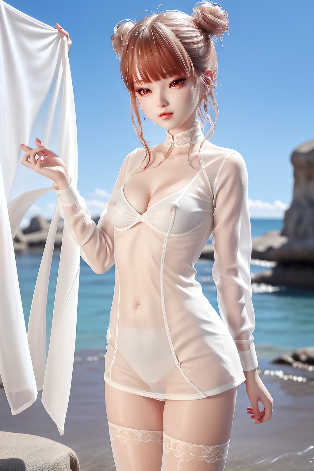 dancing, nude, nsfw, looking at viewer, water, in the water, outdoors, 1girl, solo, double bun, hair bun, brown hair, multicolored hair, (thighhighs, white thighhighs), dress, (wet clothes:1.55), (see-through cloth:1.6),white legwear, nail polish, photo_\(medium\),(breasts, small breasts:1.2, cleavage),makeup,(8k, RAW photo, best quality, masterpiece:1.2),(realistic, photorealistic:1.3),ultra-detailed,extremely detailed cg 8k wallpaper,(crystalstexture skin:1.2),extremely delicate and beautiful,