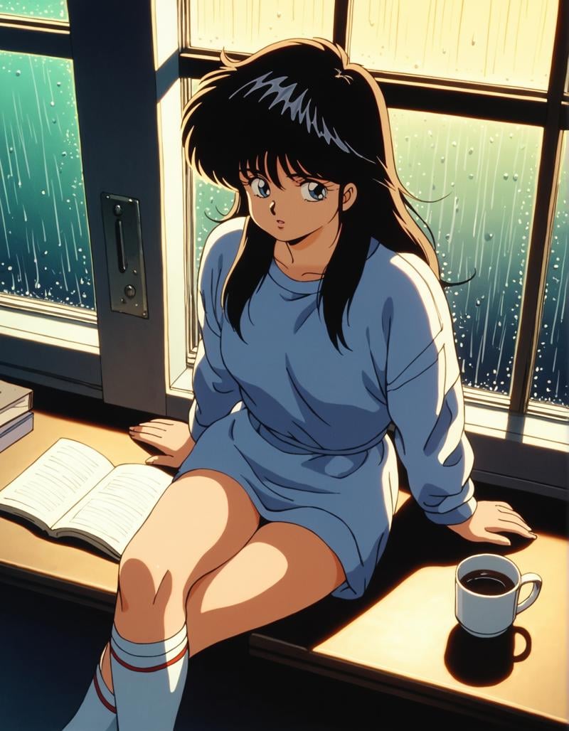 score_9, score_8_up, score_7_up,score_6_up,high resolution,digital art,retro,mdk,1girl,solo,black hair,long hair,night,raining outside,in bedroom,looking outside window,pijama,socks,looking sideways,volumetric lighting,depth of field,full body,front view,cozy room,crossed legs,legs on desk,detailed,lo-fi,holding cup,from above