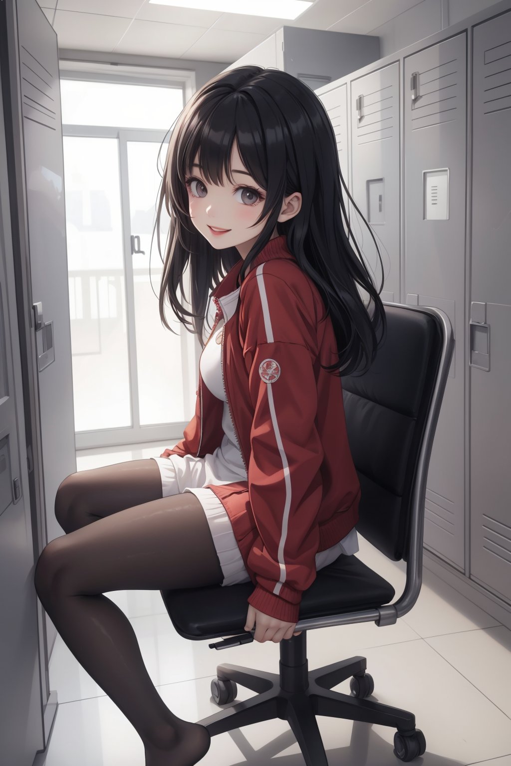 1girl,solo,black hair,red jacket,smiling,available light,sitting,jacket,looking at viewer,long sleeves,locker,long hair,chair,indoors,bangs,from side,black eyes,skirt,locker room,no shoes,desk,full body,track jacket,parted lips,wearing 1d black nylon pantyhose,pantyhose,