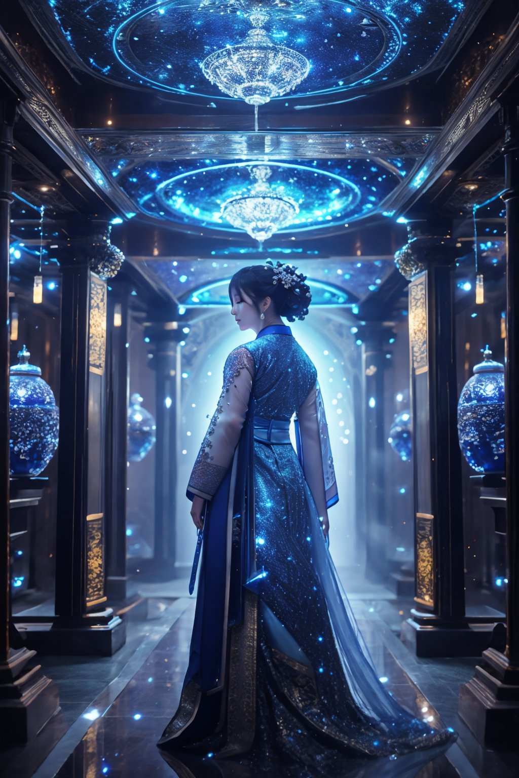 masterpiece,best quality,ultra high res,tashan,<lora:踏山幻想:1>,hanfu,Cobalt theme,depth of field,background light,universe,sparkle,light particles,humanoid organisms,vista-tan,