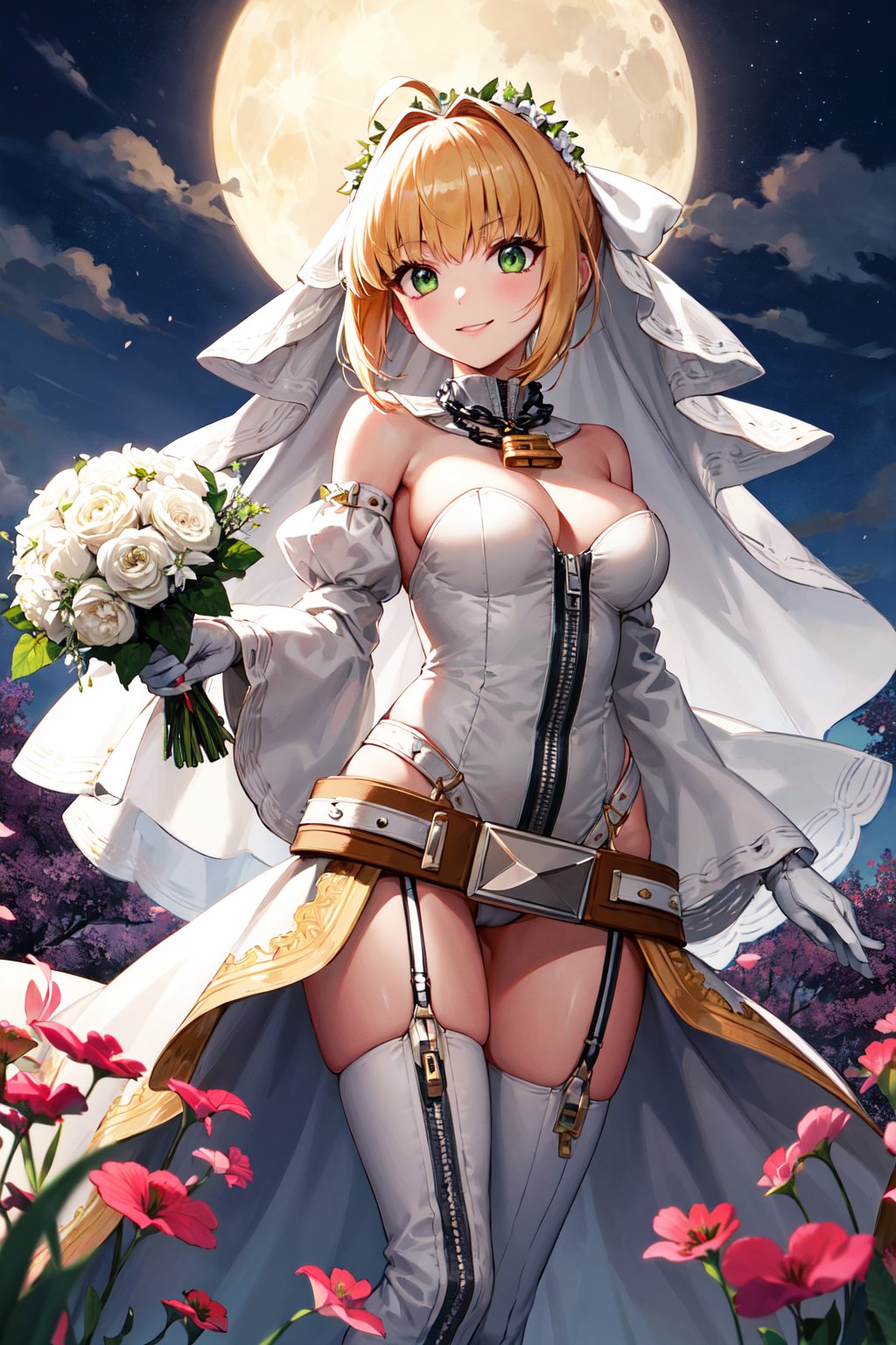 masterpiece, best quality, highres, aanero, ahoge, head wreath. bridal veil, green eyes, detached collar, chain, padlock, bare shoulders, strapless, white leotard, white dress, zipper, detached sleeves, white gloves, white belt, garter straps, white thighhighs, garter belt, <lora:nero_claudius_(fate)_v1:0.7>, holding bouquet, smile, night, field, moon, standing