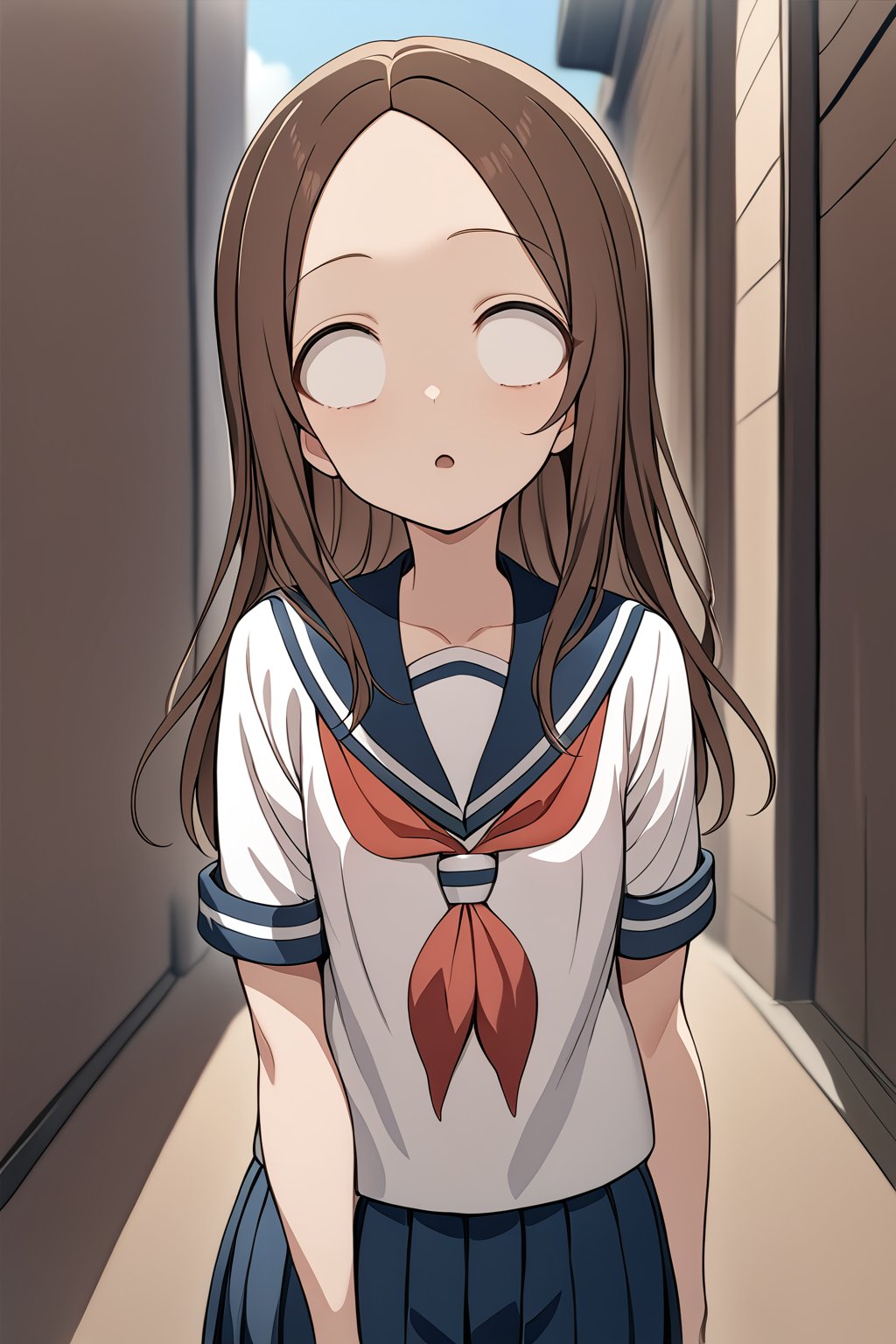 score_9,score_8_up,score_7_up, 1girl, <lora:takagi-san_ponyxl_v1:0.8>, source_anime, aatakagi, solo, long hair, brown hair,parted bangs, collarbone, serafuku, sailor collar, red neckerchief, white shirt, short sleeves, pleated skirt, blue skirt,  <lora:whitewash_eyes_pony:1> whitewash eyes, expressionless, open mouth, 